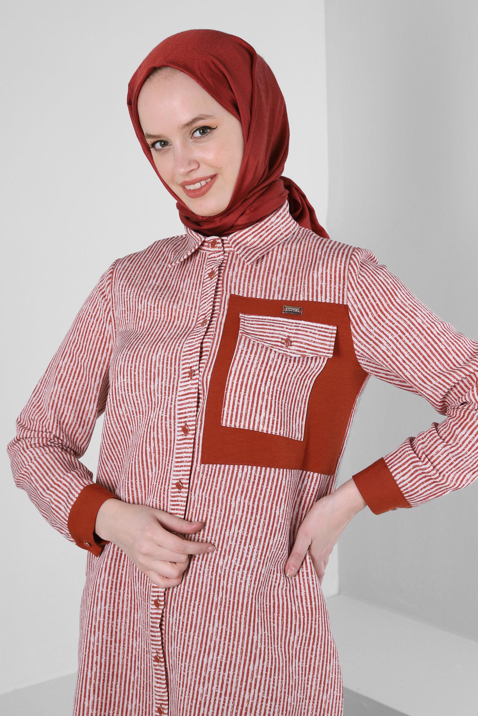 Tesettür giyim TURUNCU ÇİZGİLİ GENİŞ PAÇA İKİLİ PANTOLONLU TAKIM 43635