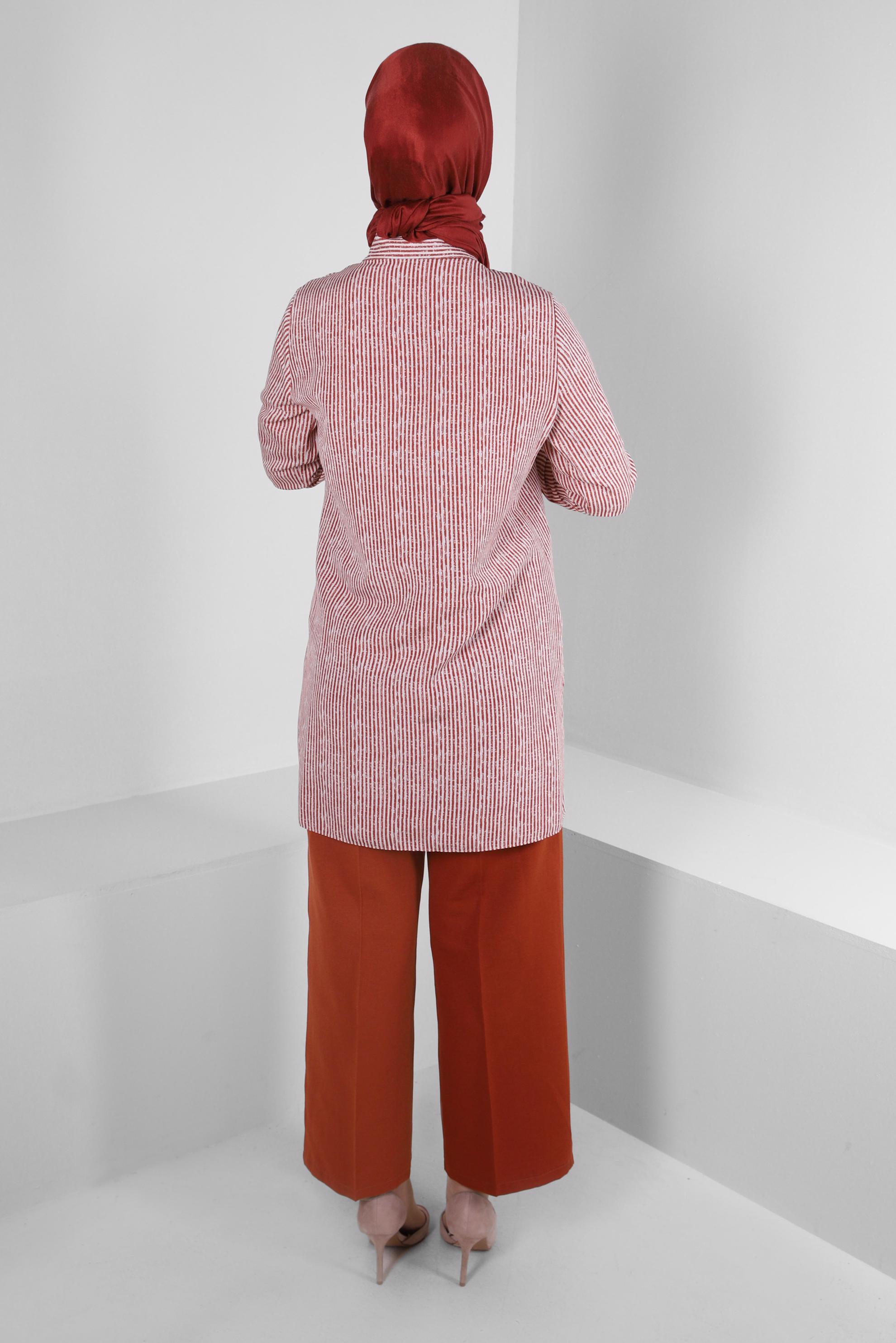 Tesettür giyim TURUNCU ÇİZGİLİ GENİŞ PAÇA İKİLİ PANTOLONLU TAKIM 43635