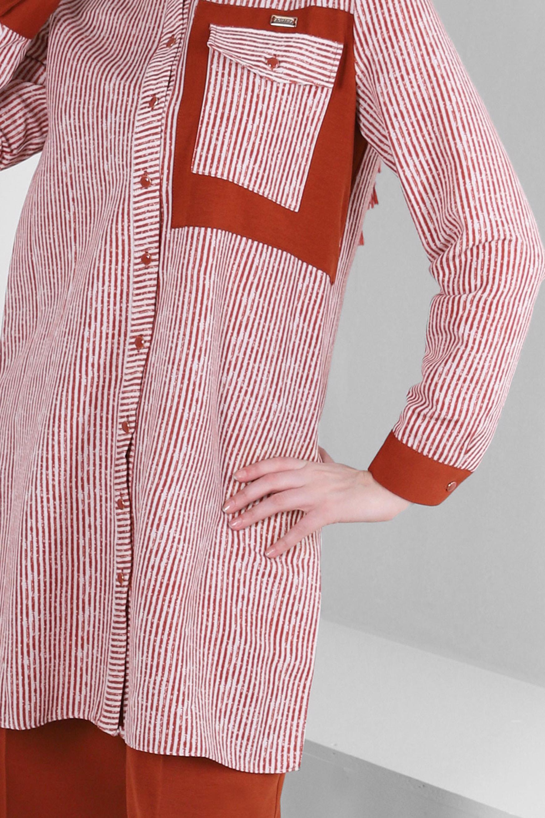 Tesettür giyim TURUNCU ÇİZGİLİ GENİŞ PAÇA İKİLİ PANTOLONLU TAKIM 43635