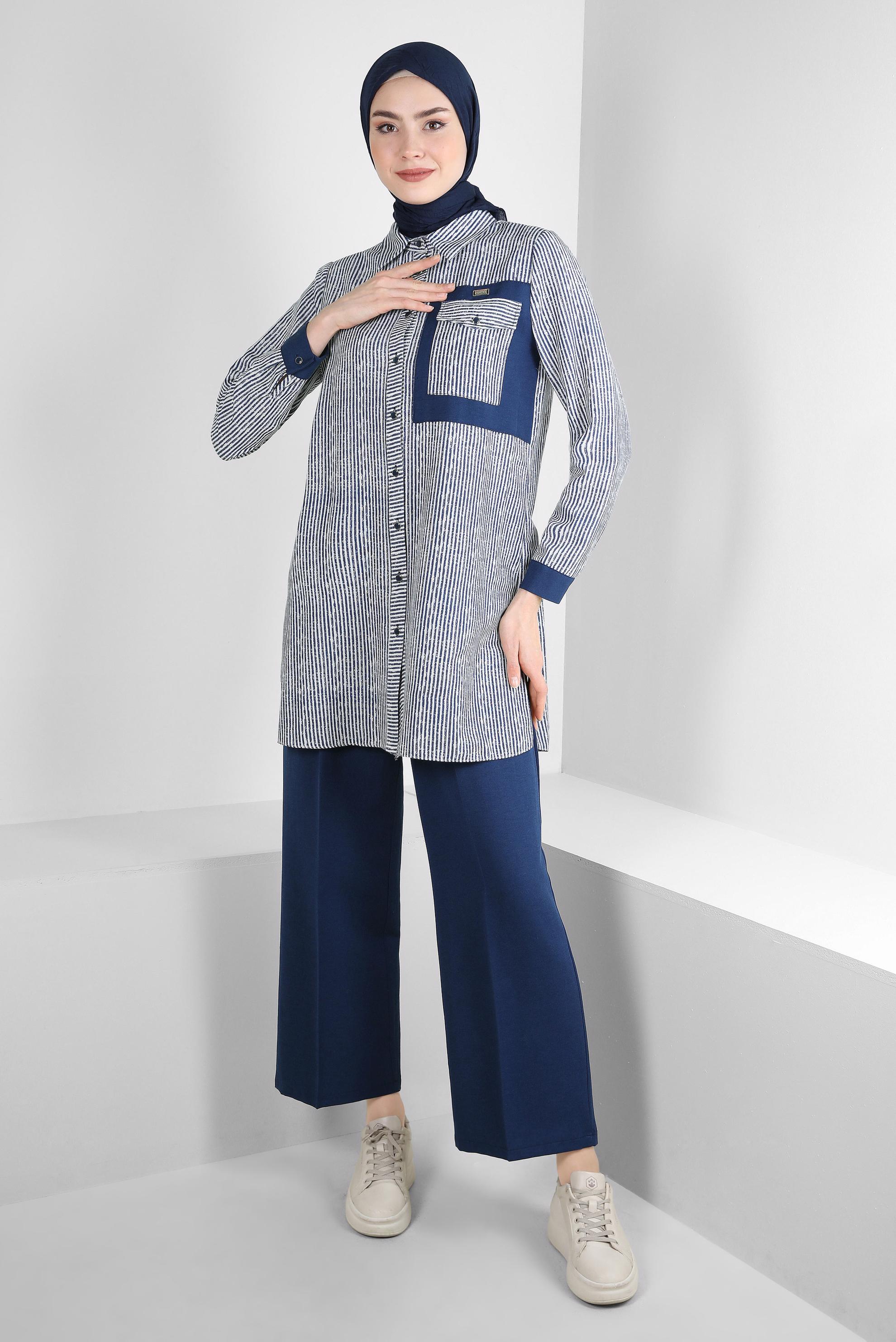 Tesettür giyim LACİVERT ÇİZGİLİ GENİŞ PAÇA İKİLİ PANTOLONLU TAKIM 43635