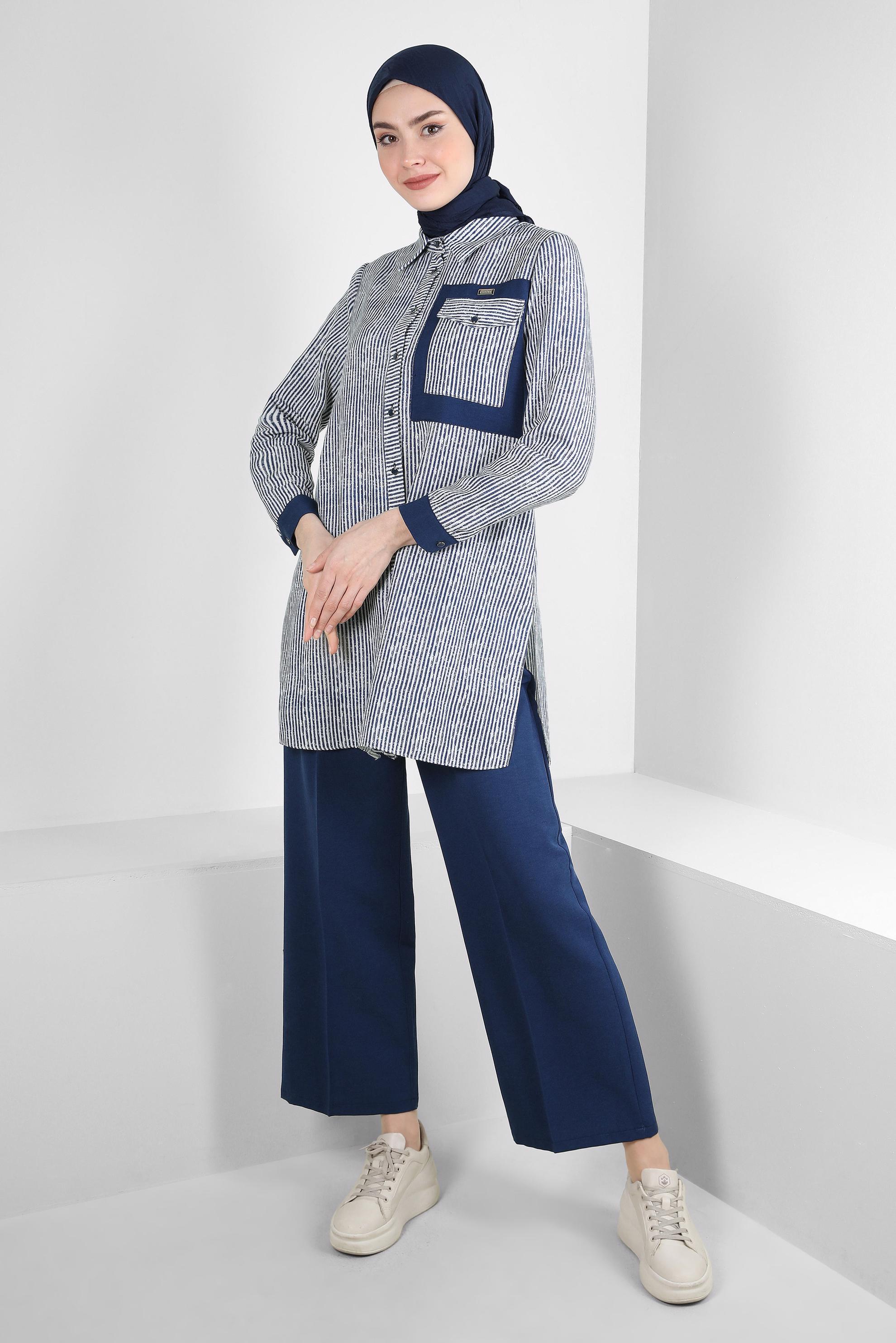 Tesettür giyim LACİVERT ÇİZGİLİ GENİŞ PAÇA İKİLİ PANTOLONLU TAKIM 43635