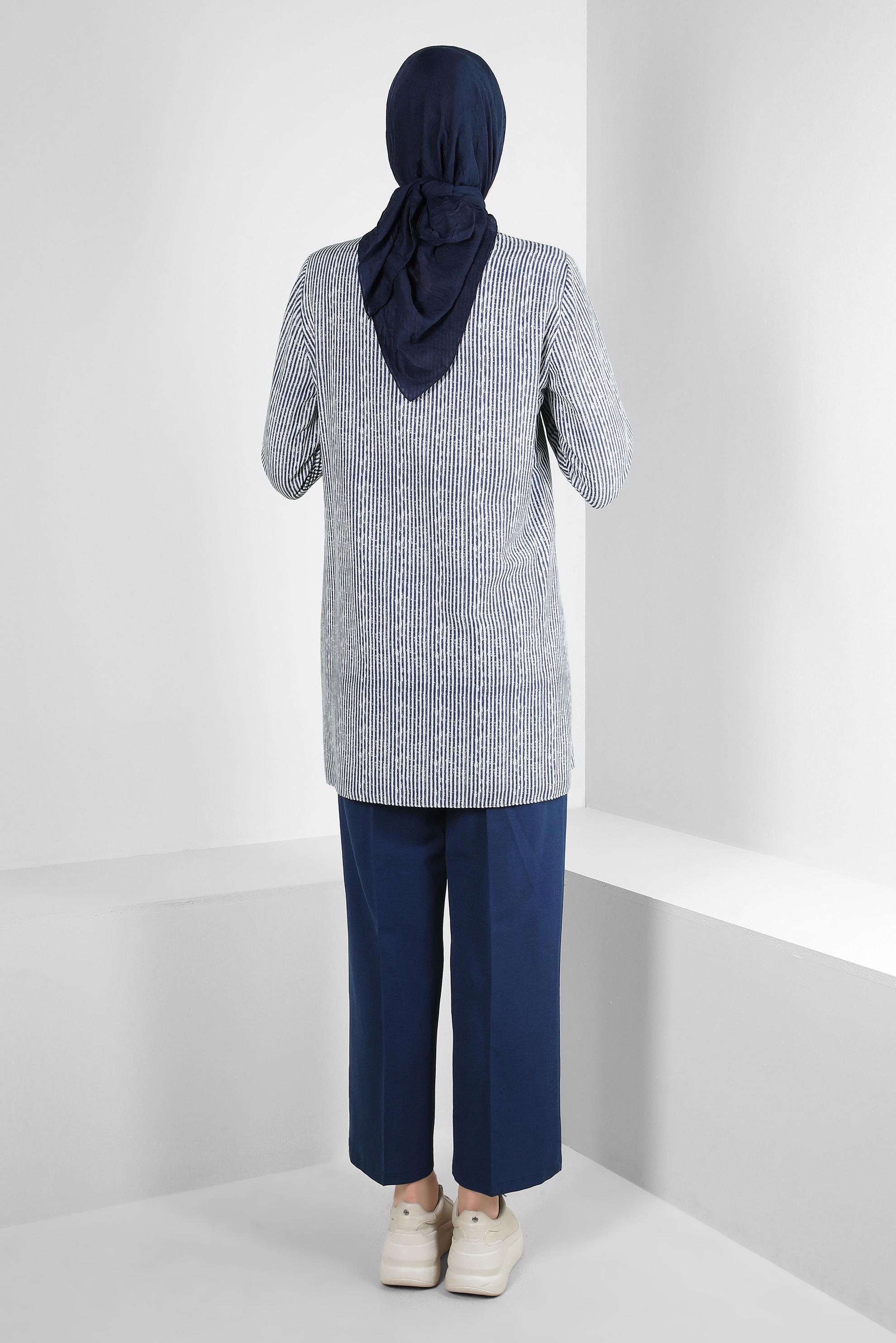 Tesettür giyim LACİVERT ÇİZGİLİ GENİŞ PAÇA İKİLİ PANTOLONLU TAKIM 43635