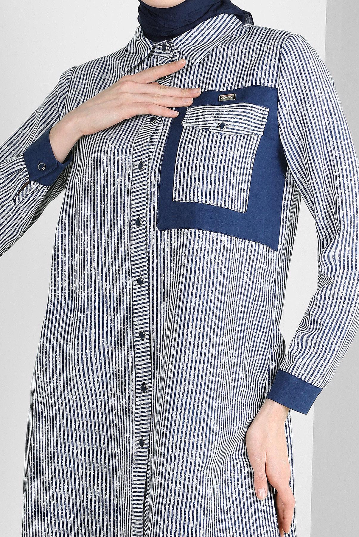 Tesettür giyim LACİVERT ÇİZGİLİ GENİŞ PAÇA İKİLİ PANTOLONLU TAKIM 43635