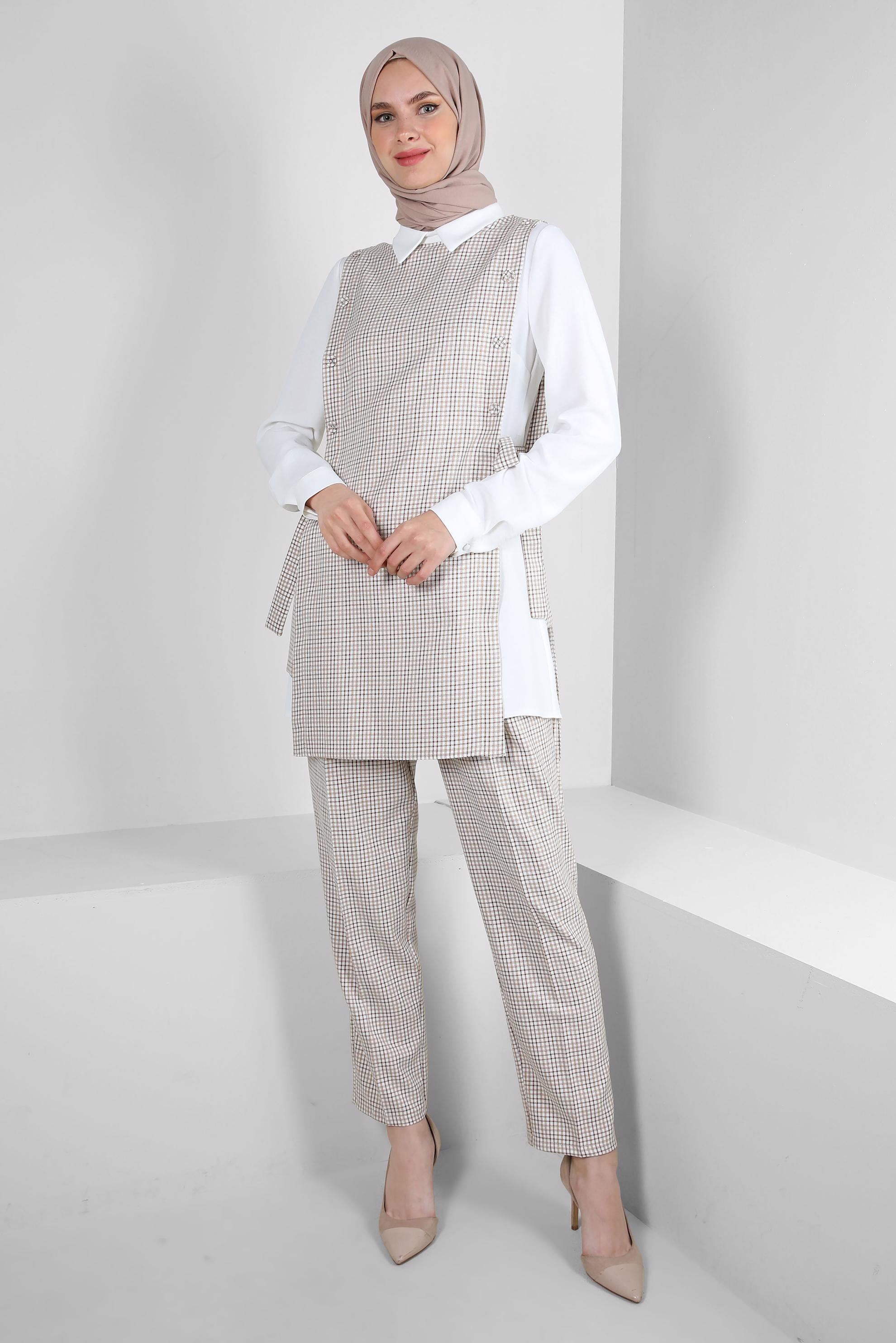 Tesettür giyim KAHVE PÖTİKARE DESENLİ BAĞLAMA DETAYLI PANTOLONLU TAKIM 43637