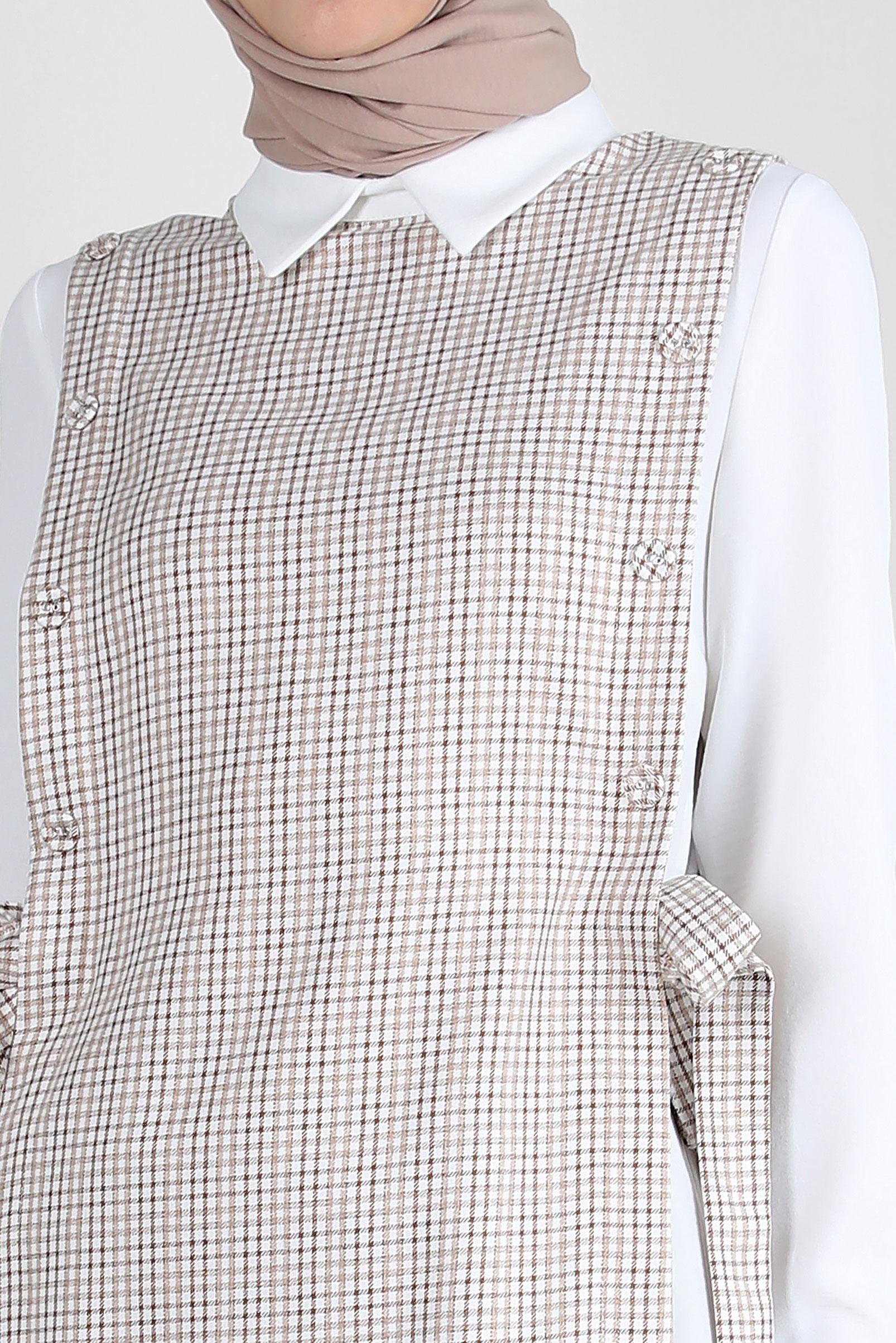 Tesettür giyim KAHVE PÖTİKARE DESENLİ BAĞLAMA DETAYLI PANTOLONLU TAKIM 43637