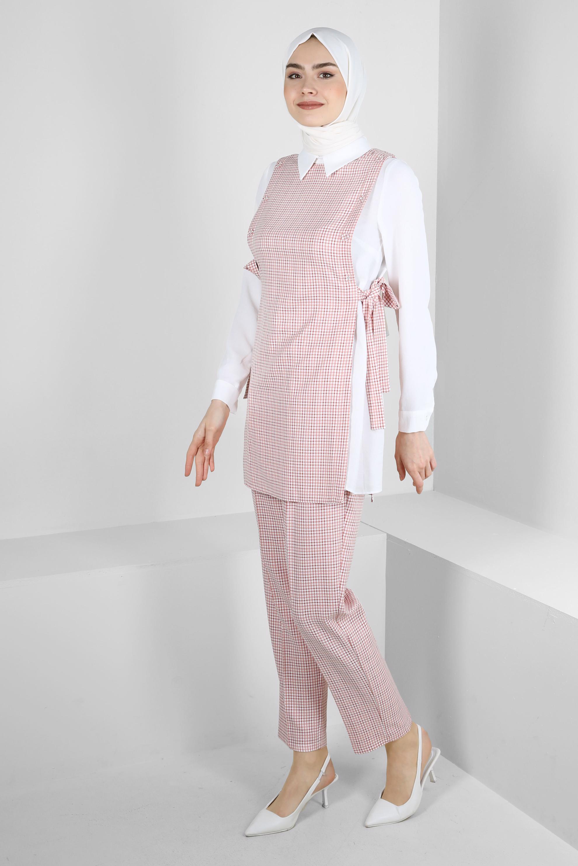 Tesettür giyim TURUNCU PÖTİKARE DESENLİ BAĞLAMA DETAYLI PANTOLONLU TAKIM 43637