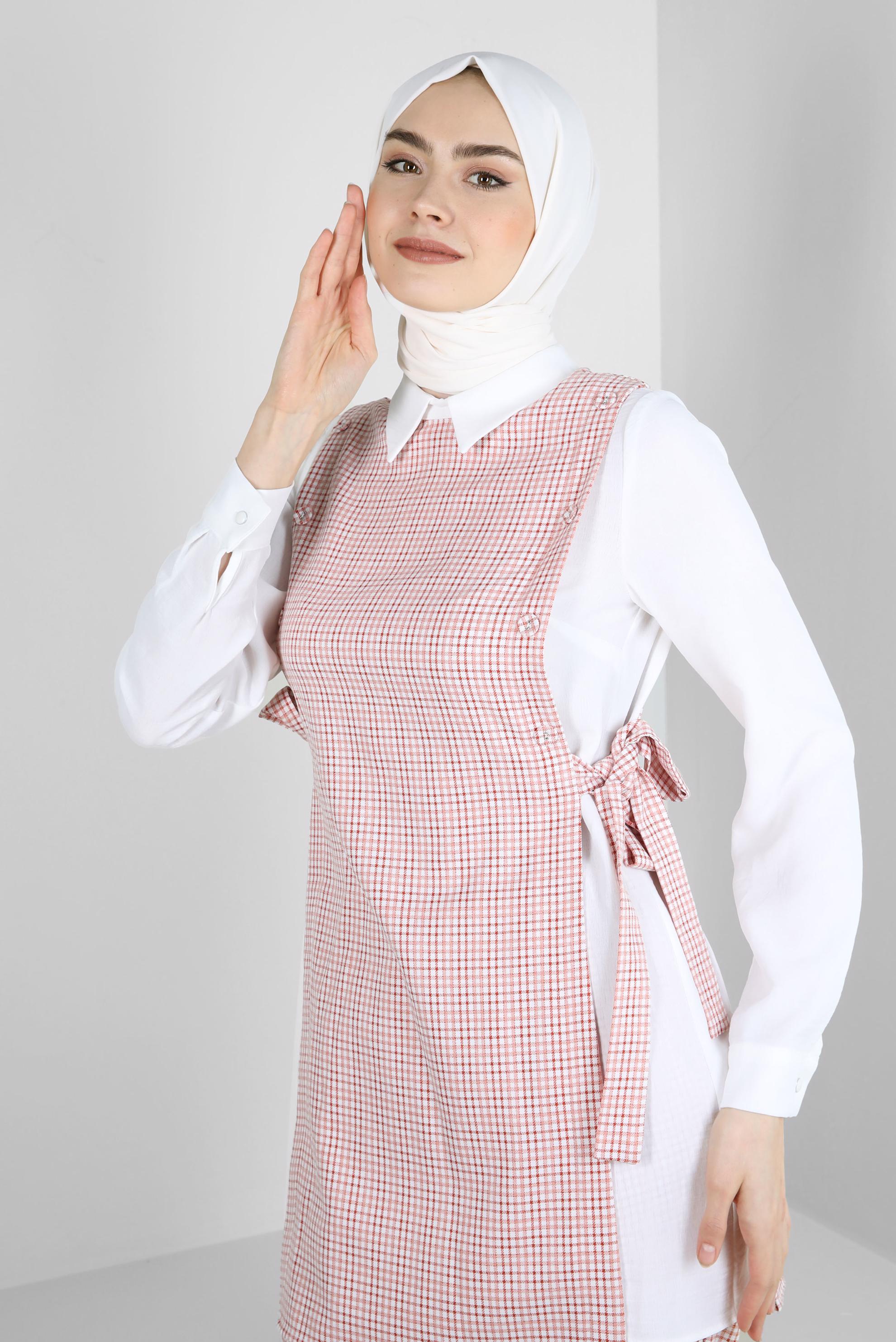 Tesettür giyim TURUNCU PÖTİKARE DESENLİ BAĞLAMA DETAYLI PANTOLONLU TAKIM 43637