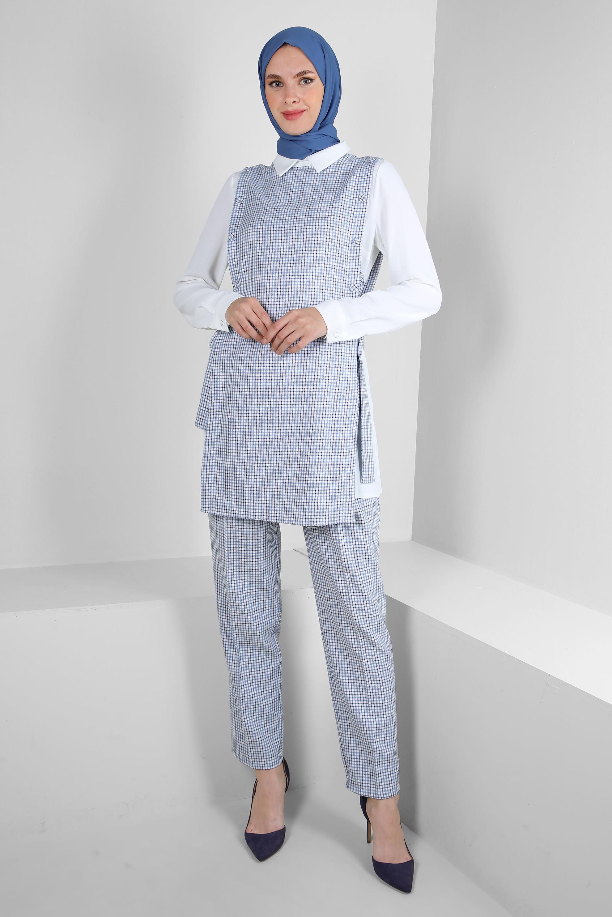 Tesettür giyim LACİVERT PÖTİKARE DESENLİ BAĞLAMA DETAYLI PANTOLONLU TAKIM 43637