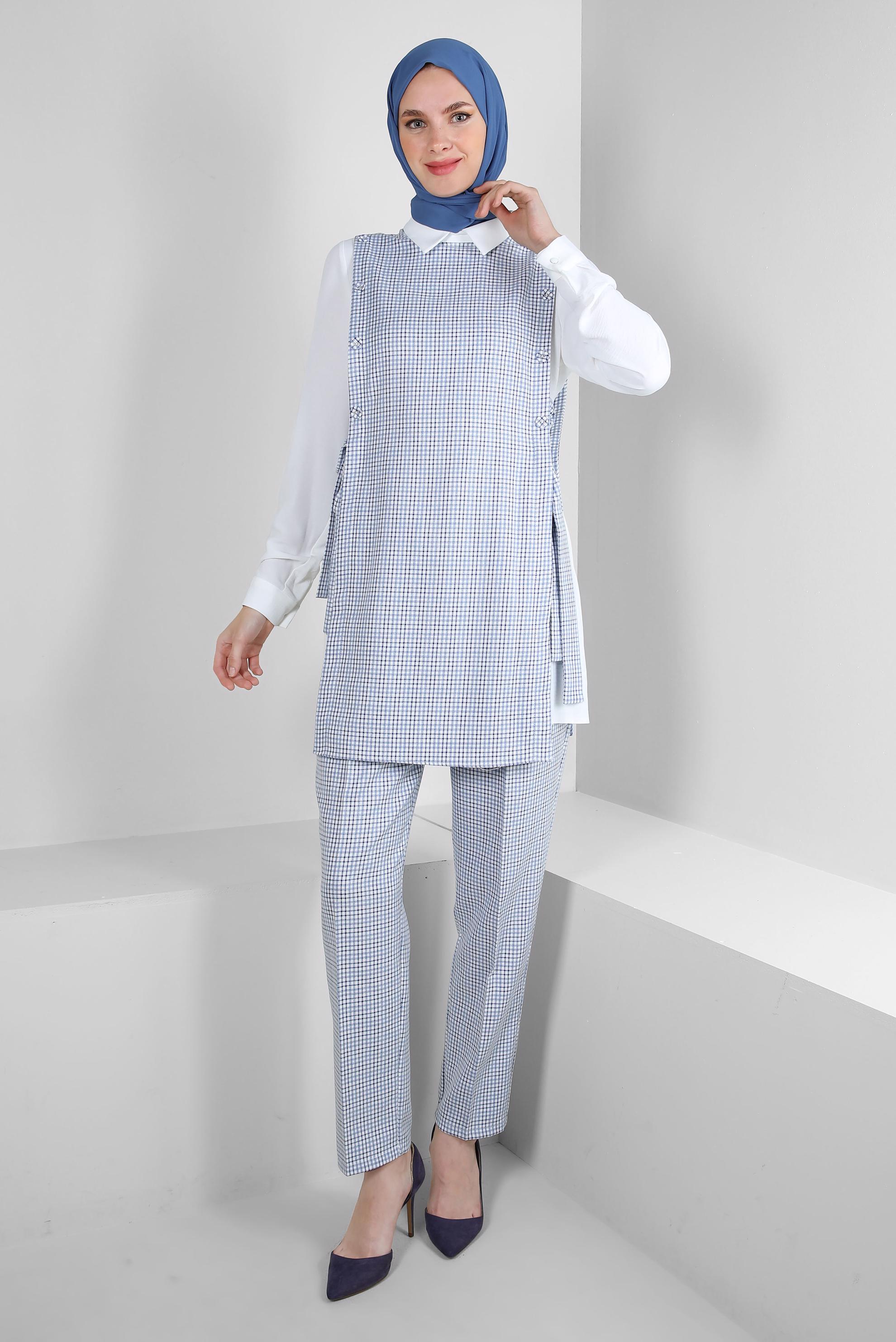 Tesettür giyim LACİVERT PÖTİKARE DESENLİ BAĞLAMA DETAYLI PANTOLONLU TAKIM 43637