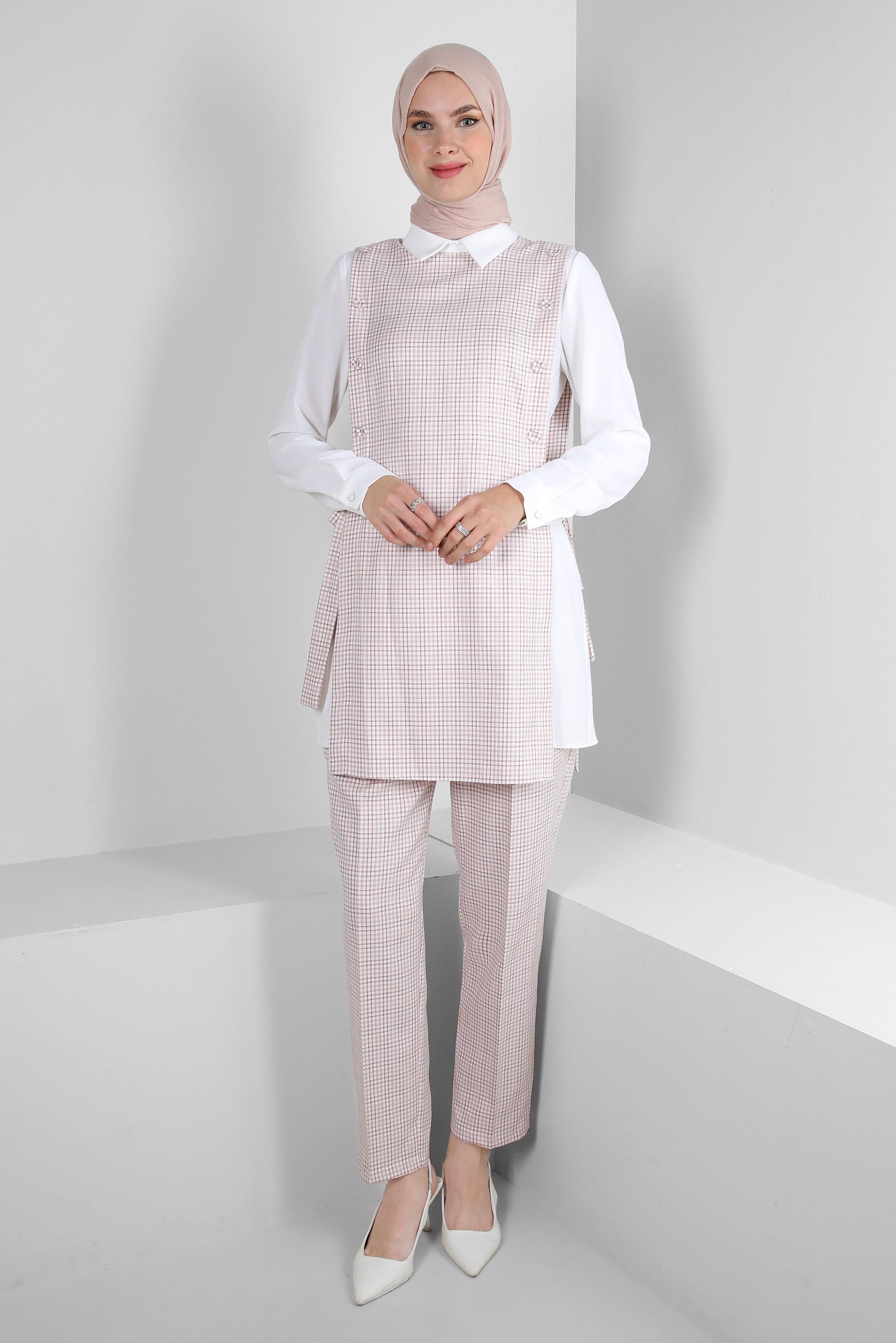 Tesettür giyim KAHVE PÖTİKARE DESENLİ BAĞLAMA DETAYLI PANTOLONLU TAKIM 43637