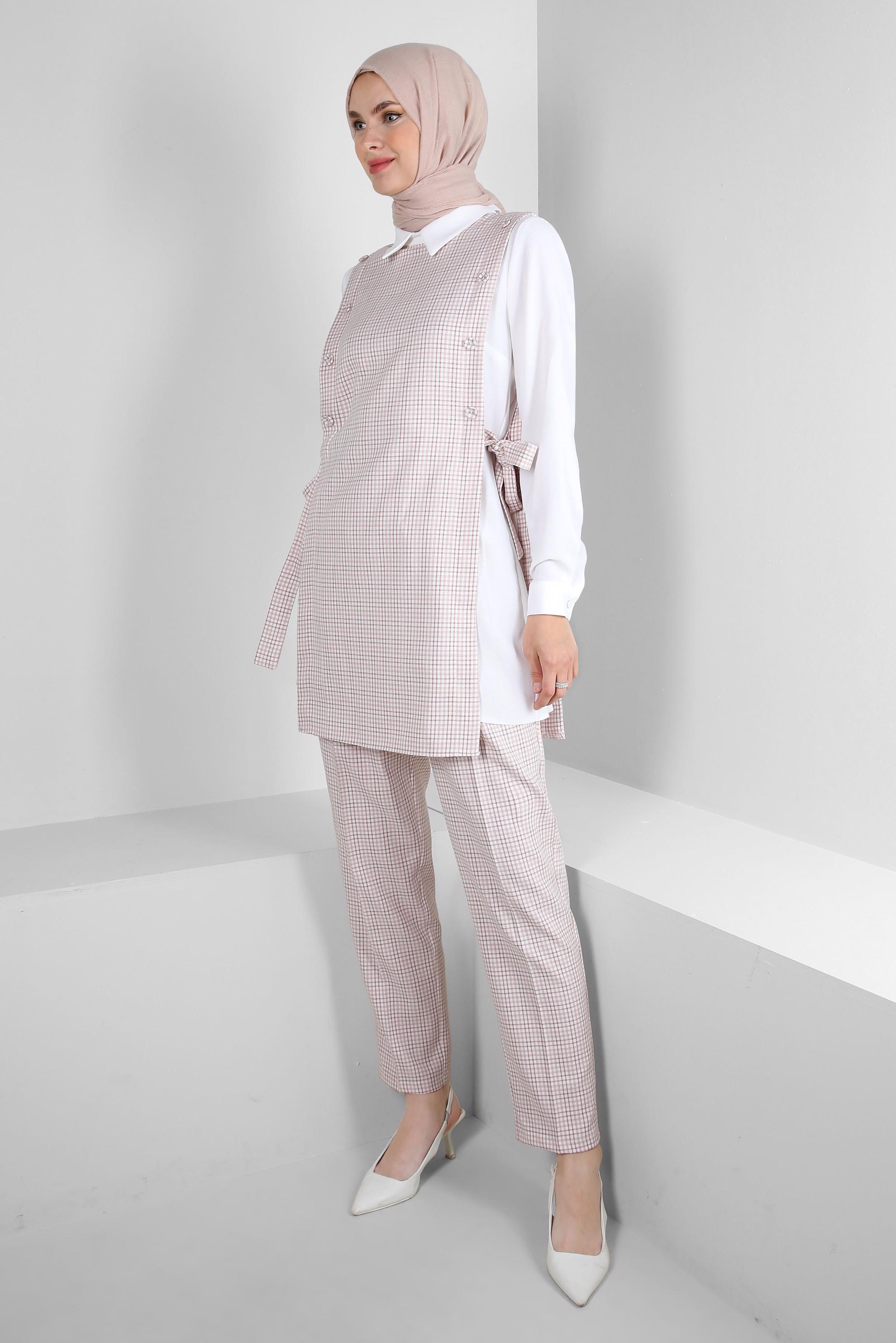 Tesettür giyim KAHVE PÖTİKARE DESENLİ BAĞLAMA DETAYLI PANTOLONLU TAKIM 43637