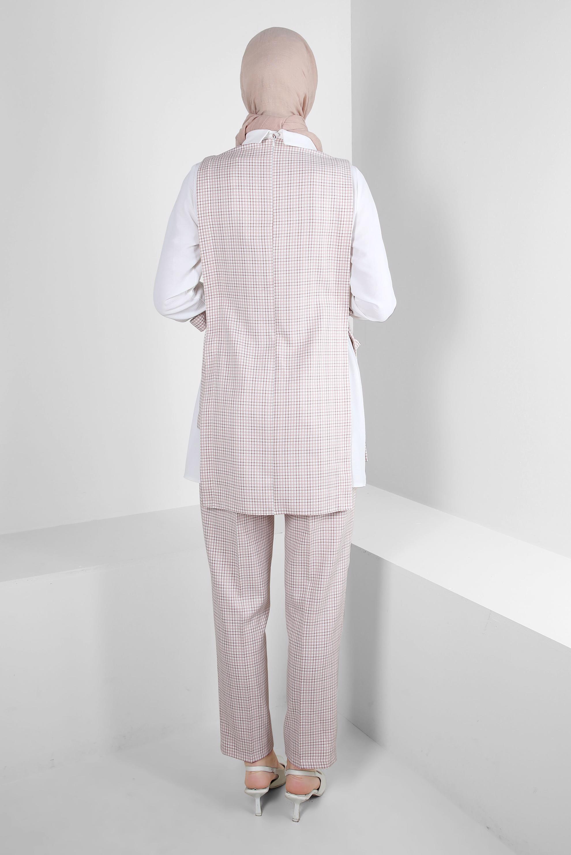 Tesettür giyim KAHVE PÖTİKARE DESENLİ BAĞLAMA DETAYLI PANTOLONLU TAKIM 43637