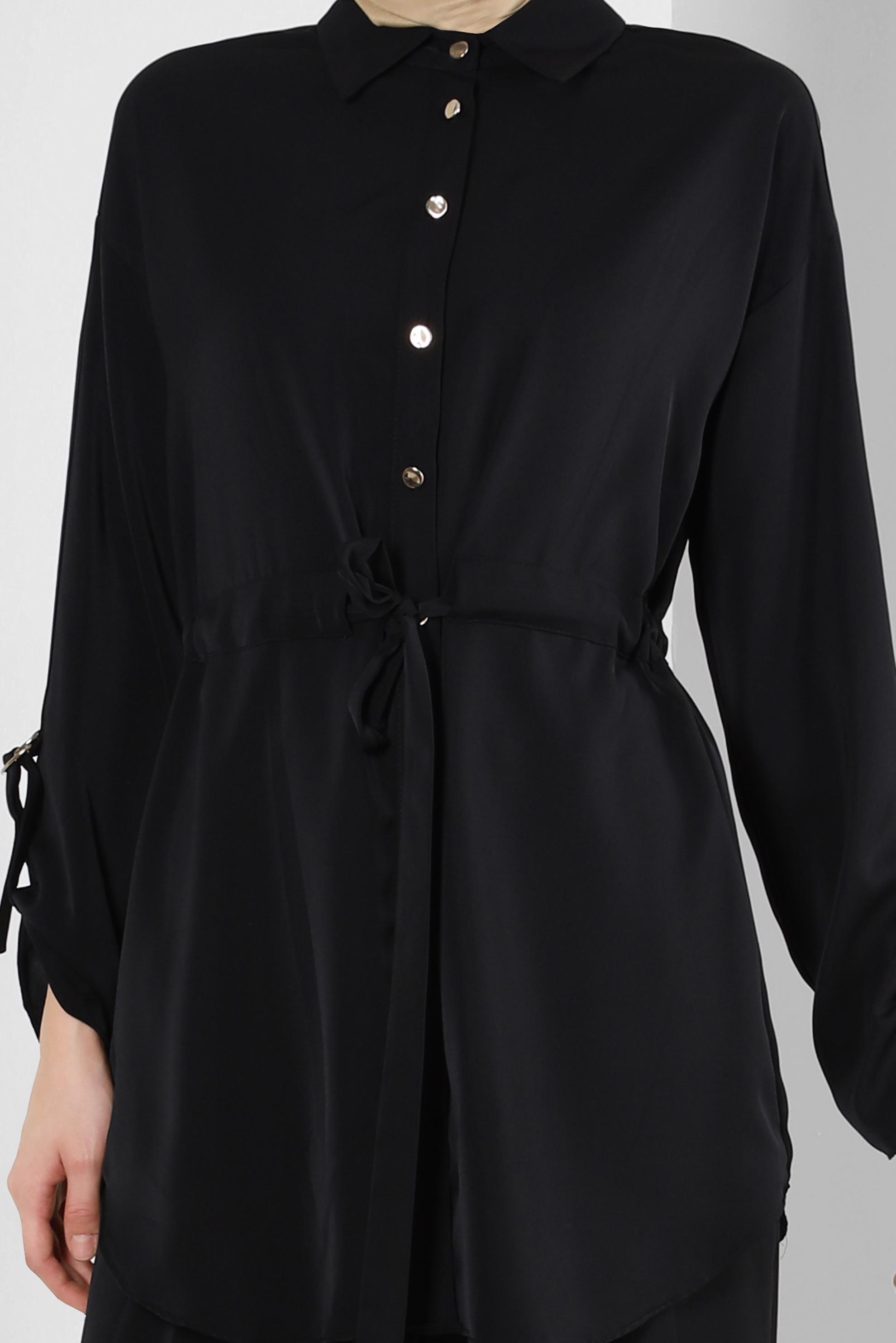 Tesettür giyim SİYAH BAĞLAMA DETAYLI GÖMLEK YAKA PANTOLONLU TAKIM 43684