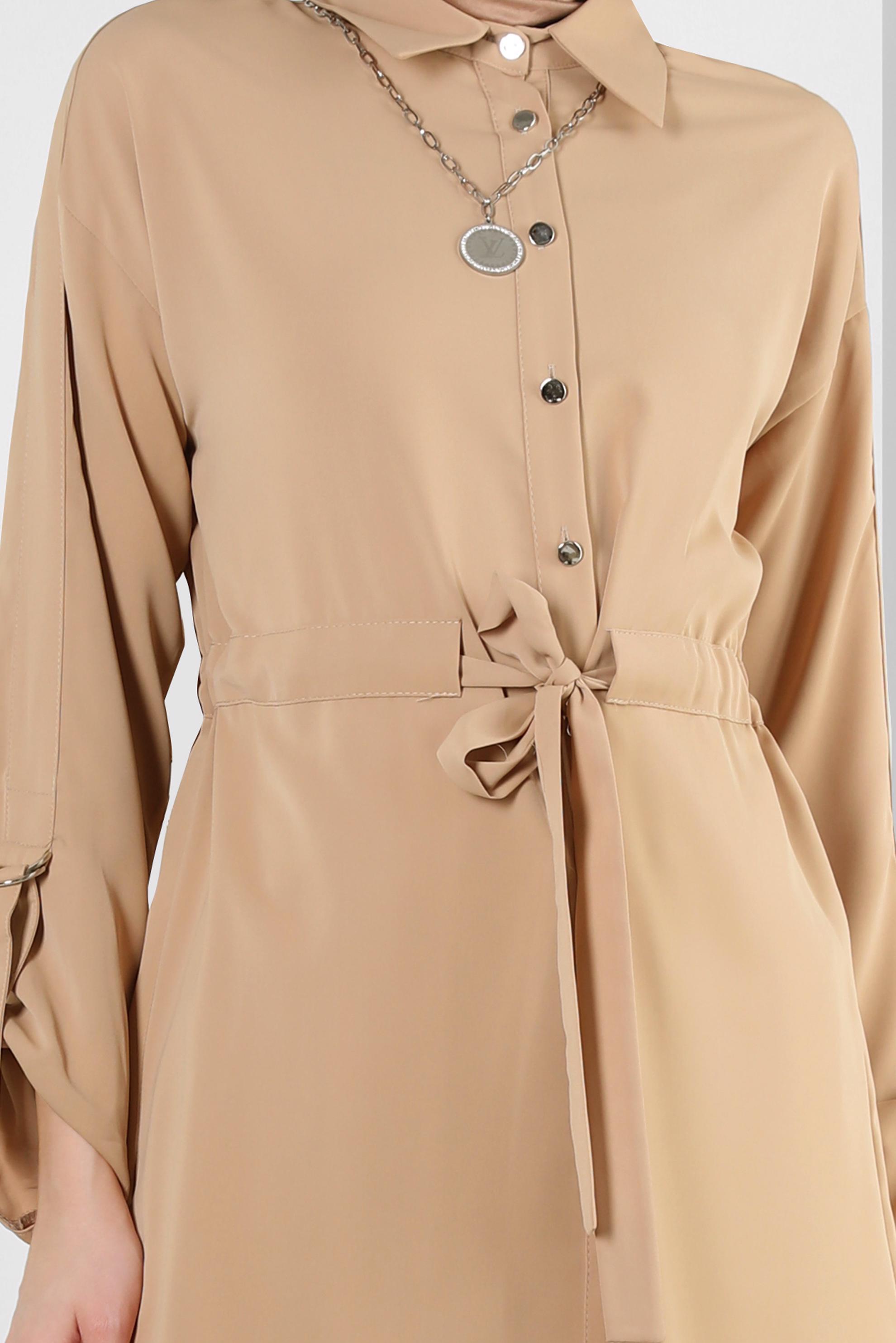 Tesettür giyim KAHVE BAĞLAMA DETAYLI GÖMLEK YAKA PANTOLONLU TAKIM 43684