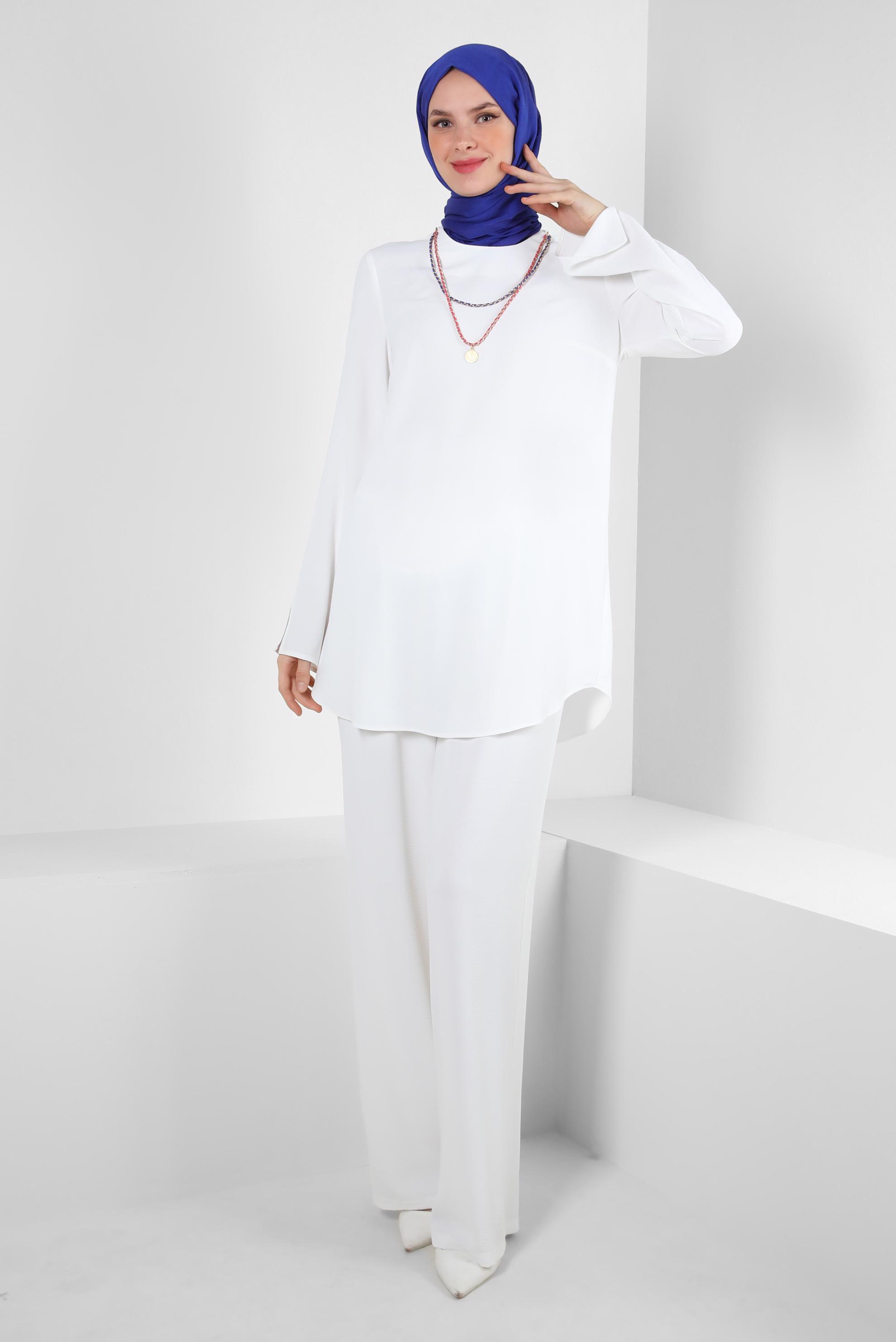 Tesettür giyim BEYAZ ZİNCİR DETAYLI BELİ LASTİKLİ PANTOLONLU TAKIM 43742