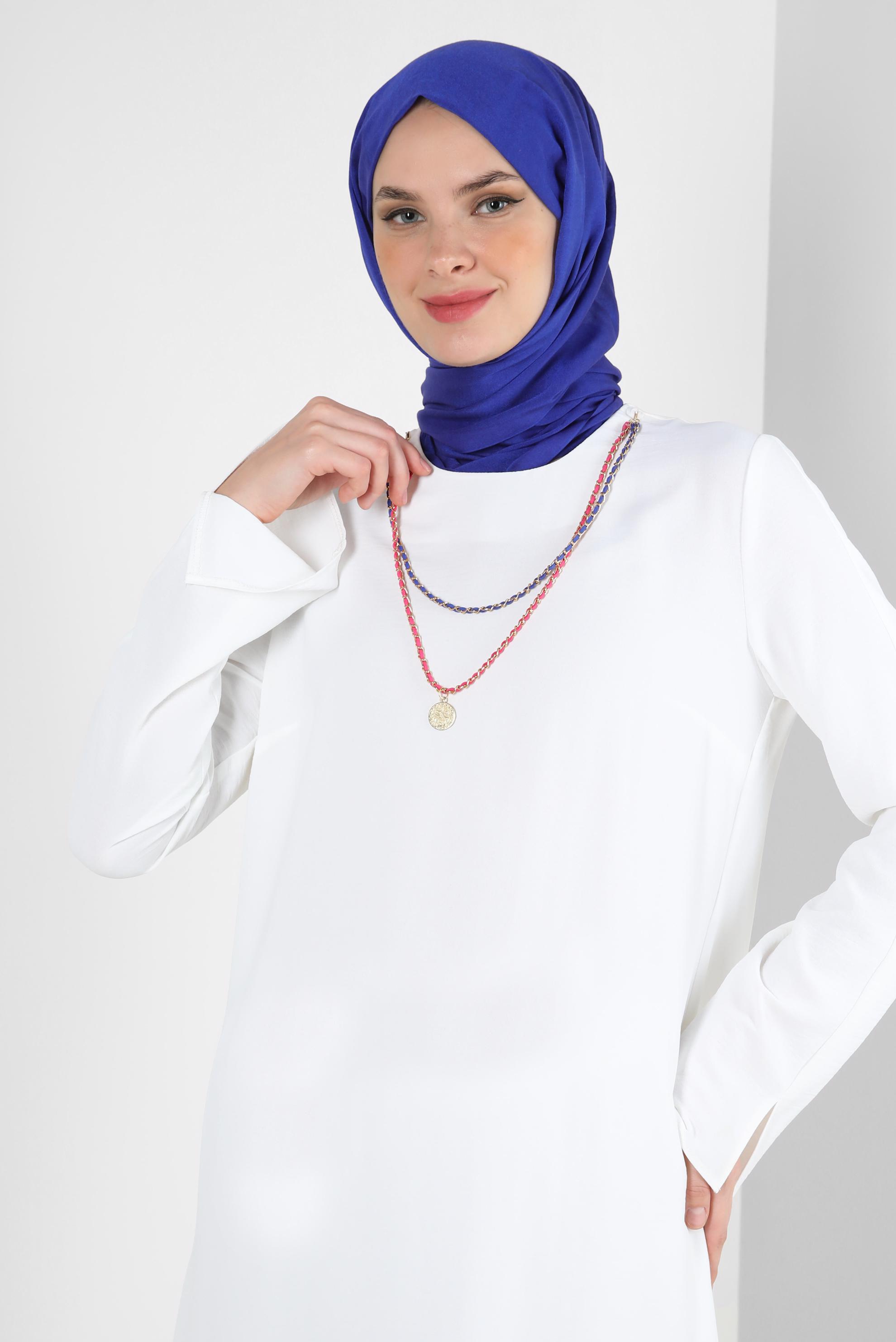 Tesettür giyim BEYAZ ZİNCİR DETAYLI BELİ LASTİKLİ PANTOLONLU TAKIM 43742