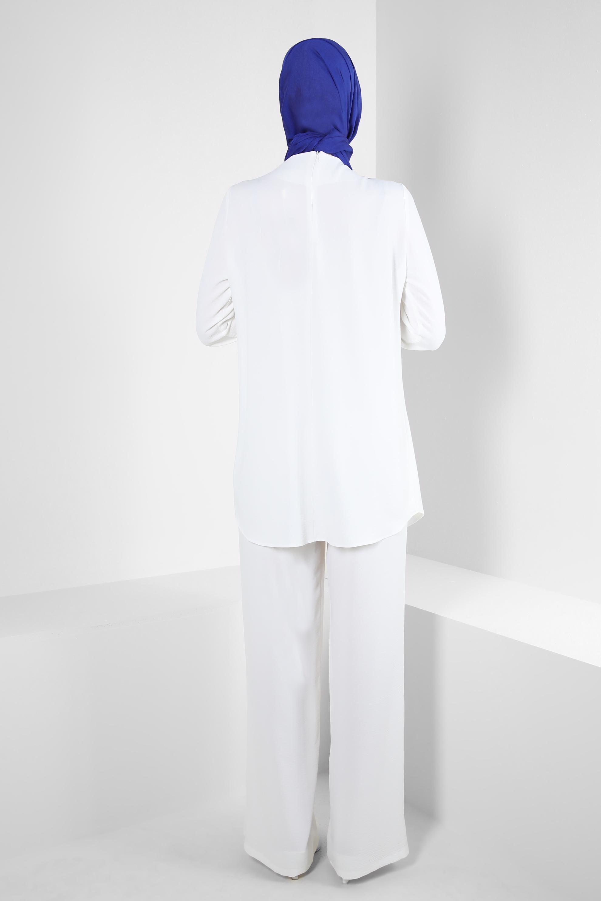 Tesettür giyim BEYAZ ZİNCİR DETAYLI BELİ LASTİKLİ PANTOLONLU TAKIM 43742