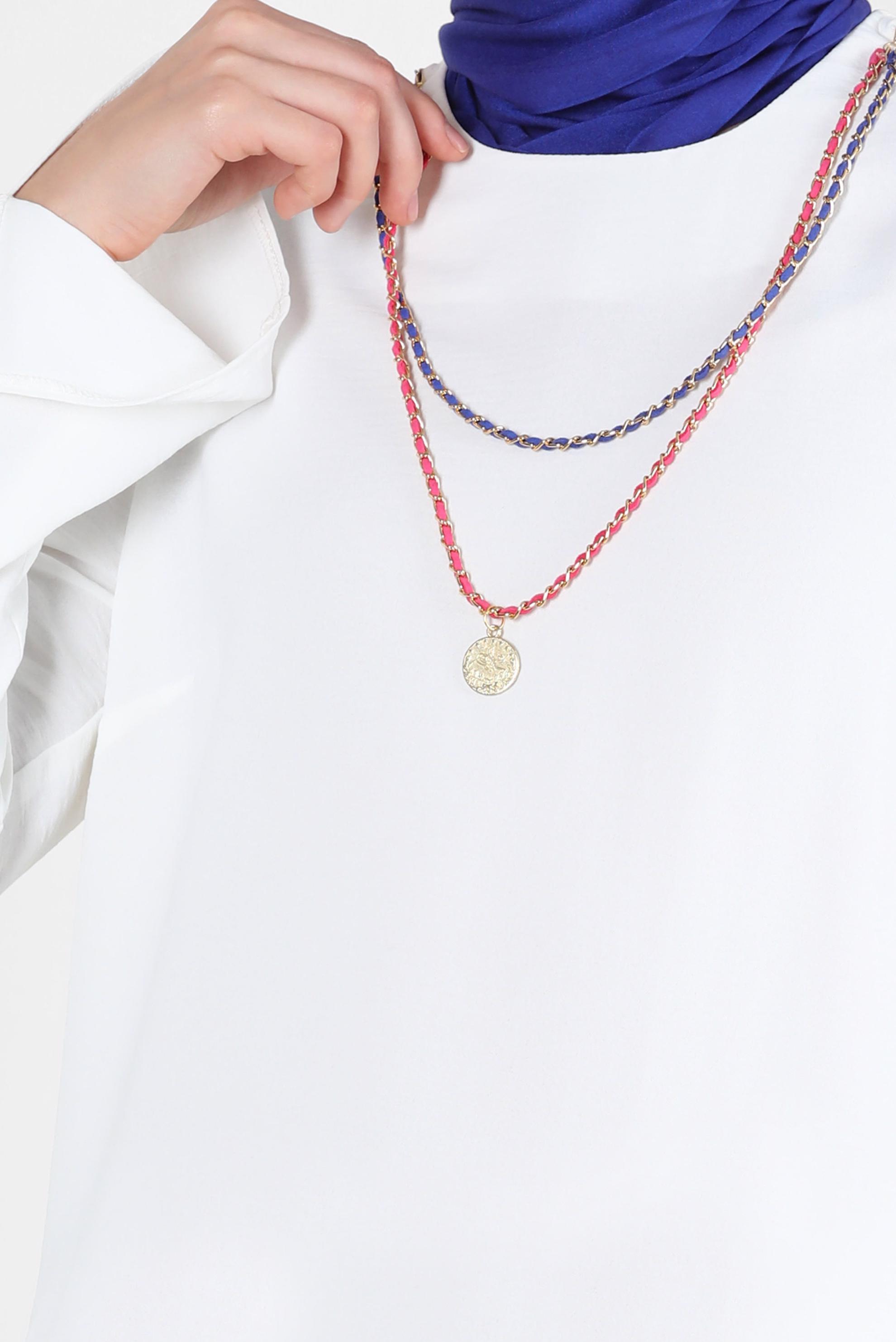 Tesettür giyim BEYAZ ZİNCİR DETAYLI BELİ LASTİKLİ PANTOLONLU TAKIM 43742