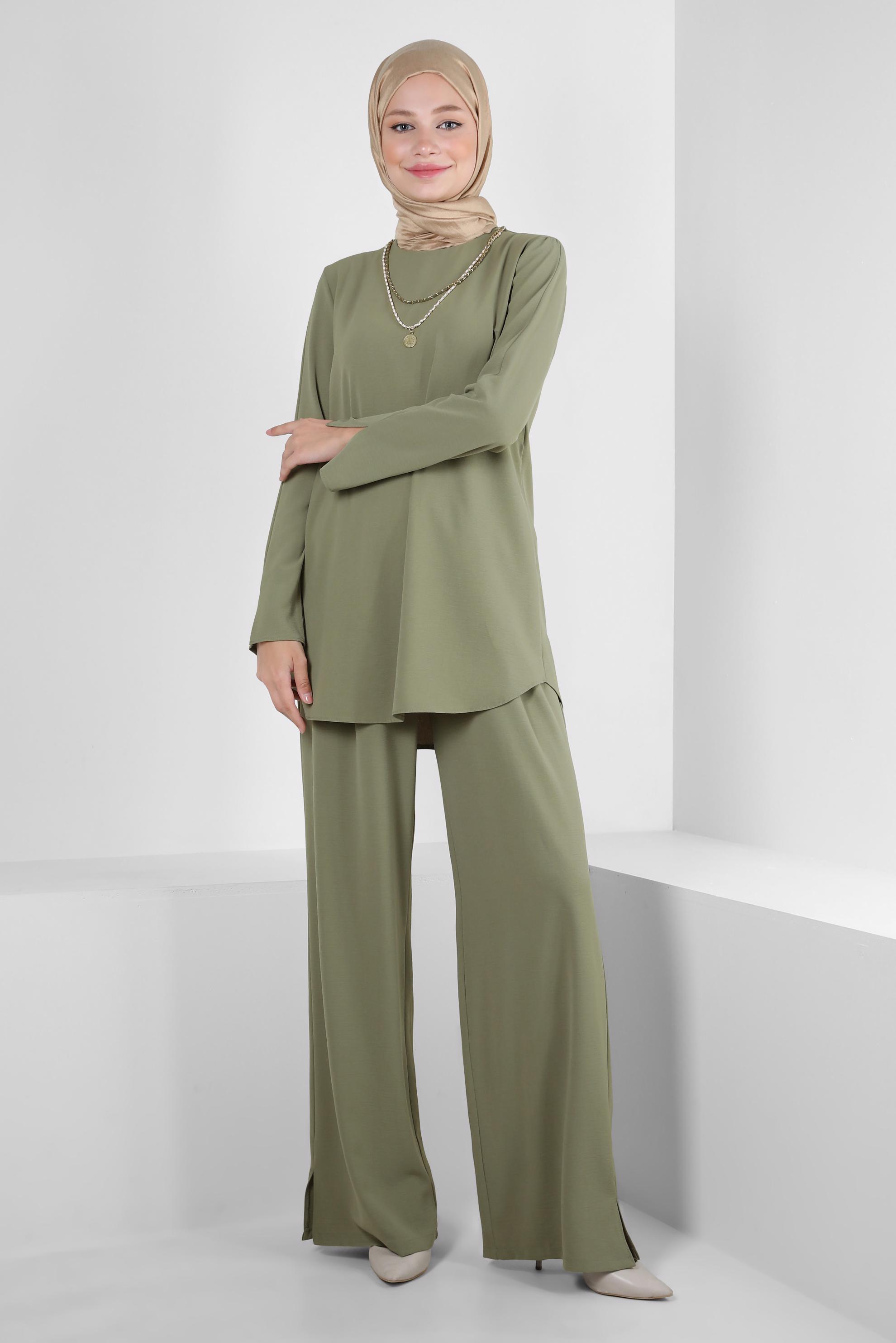 Tesettür giyim HAKİ ZİNCİR DETAYLI BELİ LASTİKLİ PANTOLONLU TAKIM 43742