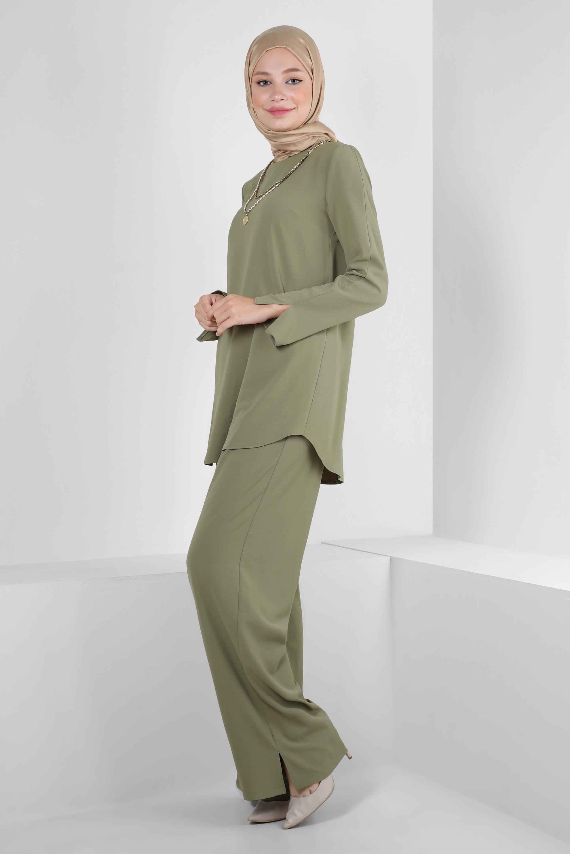 Tesettür giyim HAKİ ZİNCİR DETAYLI BELİ LASTİKLİ PANTOLONLU TAKIM 43742