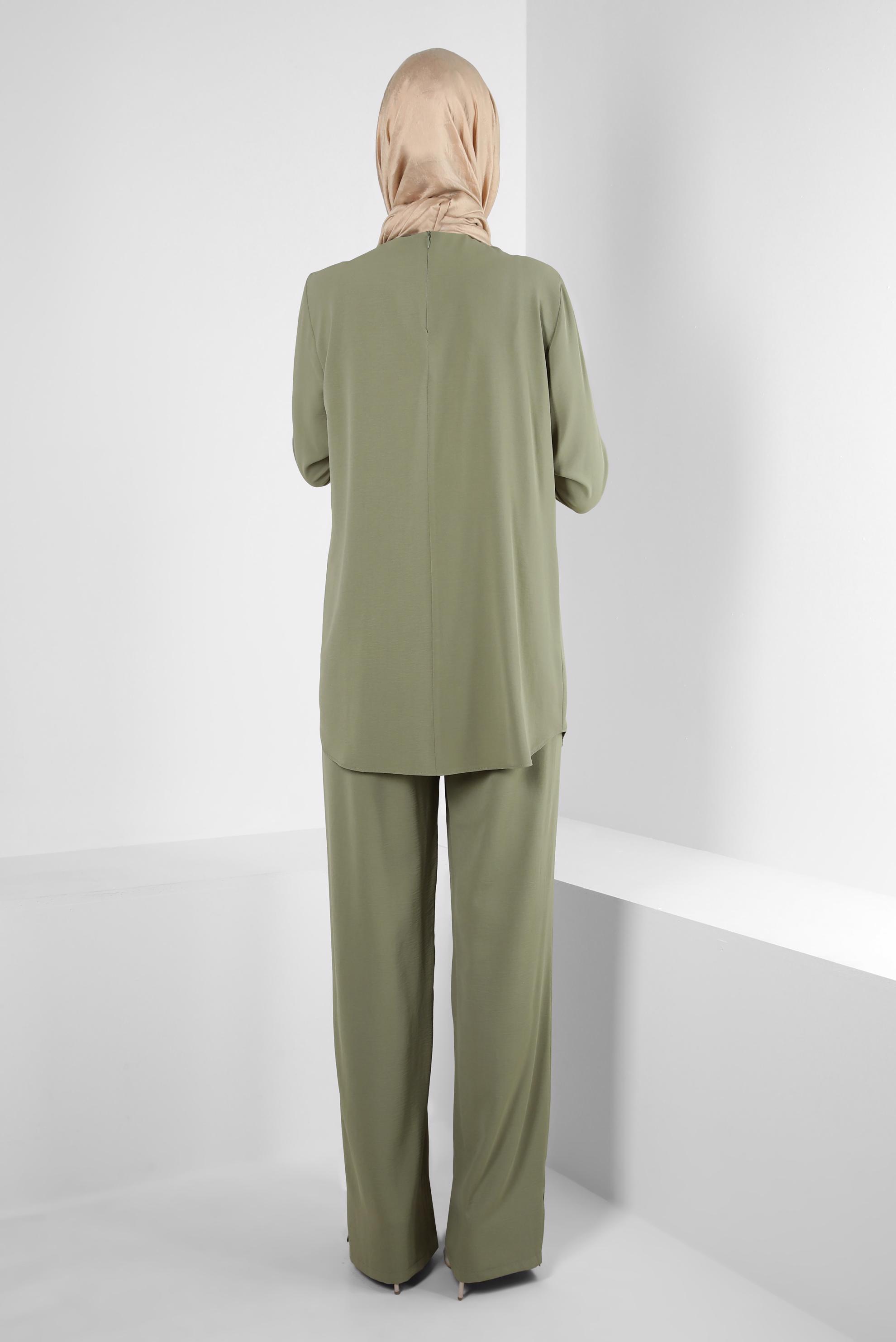 Tesettür giyim HAKİ ZİNCİR DETAYLI BELİ LASTİKLİ PANTOLONLU TAKIM 43742