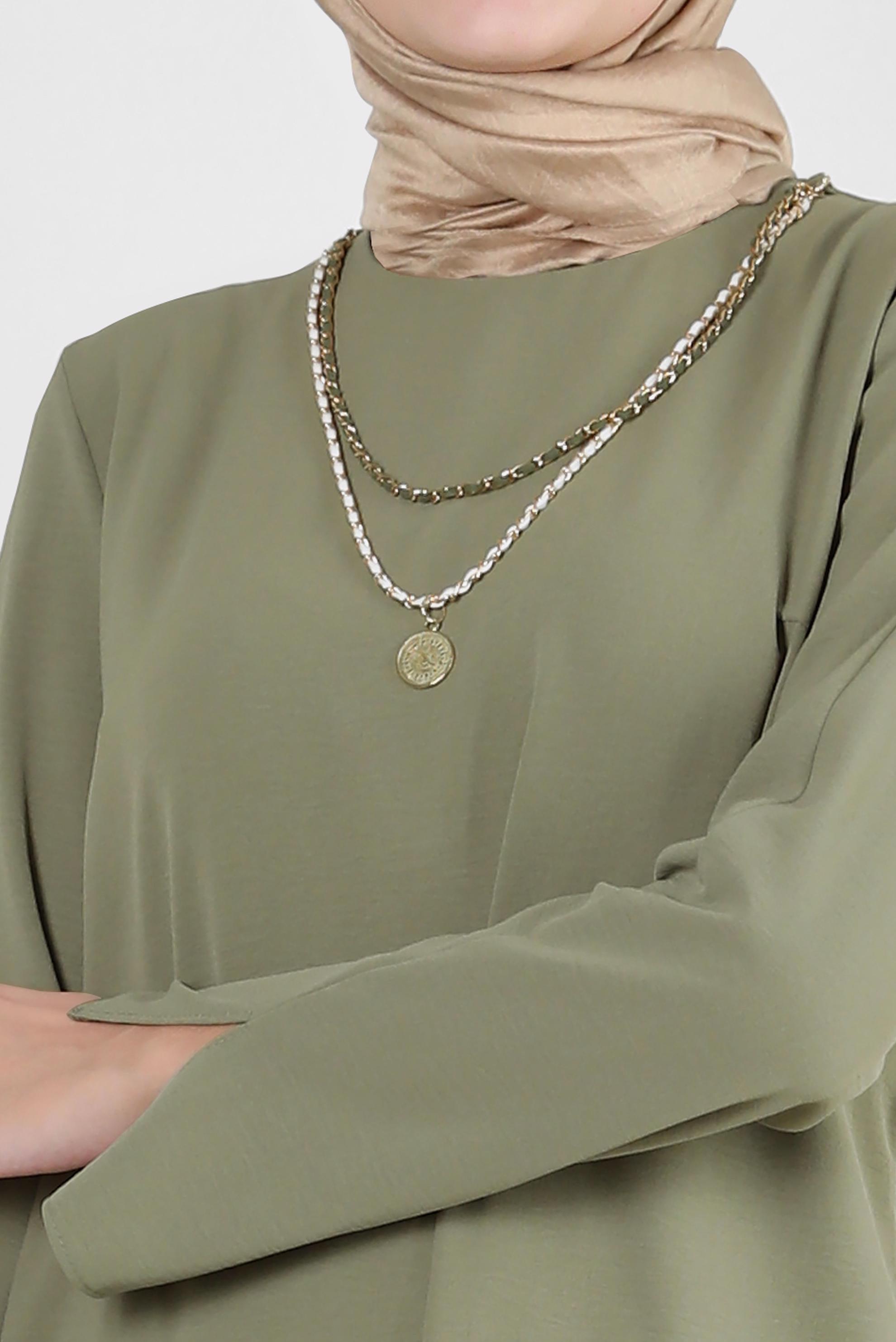 Tesettür giyim HAKİ ZİNCİR DETAYLI BELİ LASTİKLİ PANTOLONLU TAKIM 43742