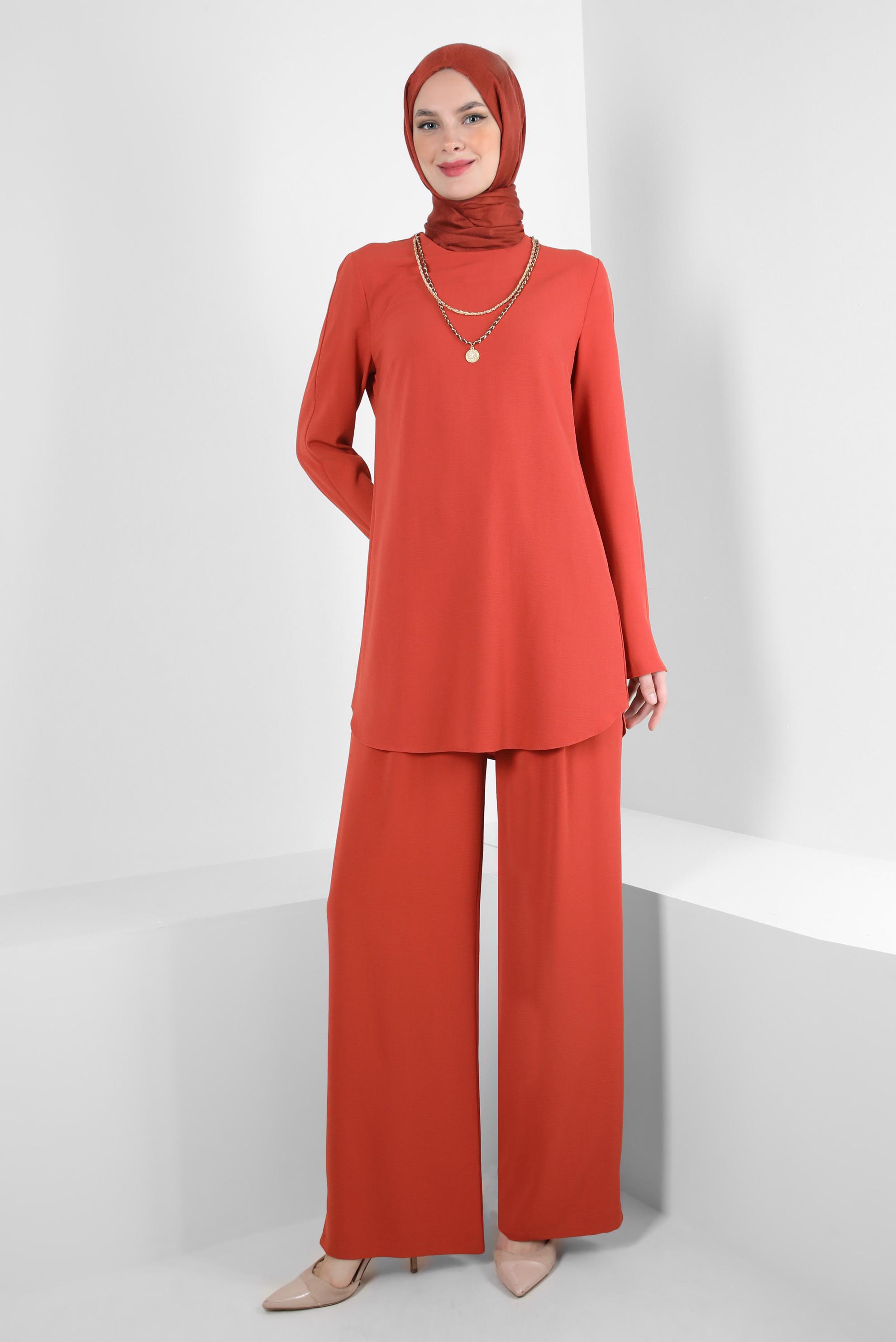 Tesettür giyim TURUNCU ZİNCİR DETAYLI BELİ LASTİKLİ PANTOLONLU TAKIM 43742
