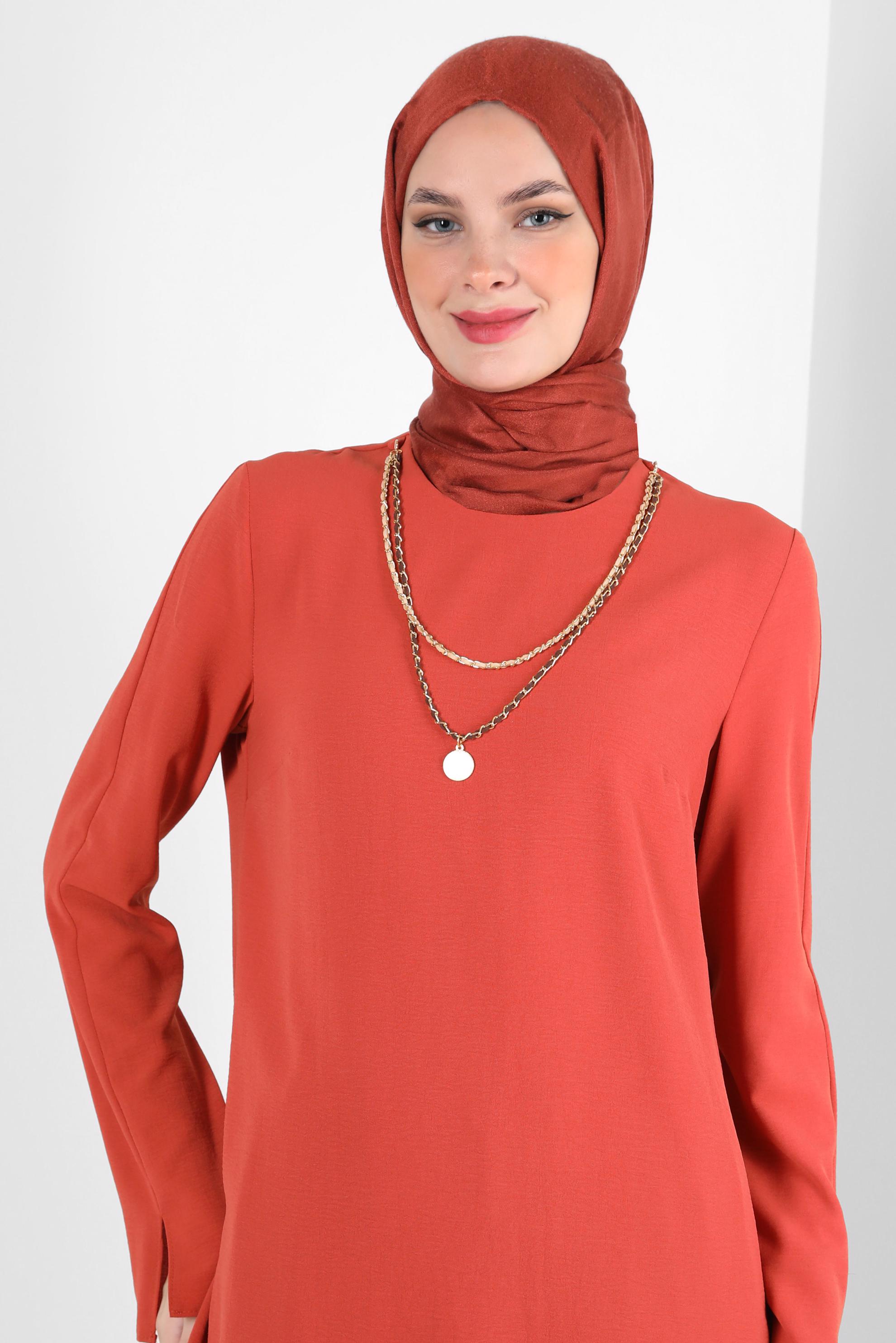 Tesettür giyim TURUNCU ZİNCİR DETAYLI BELİ LASTİKLİ PANTOLONLU TAKIM 43742