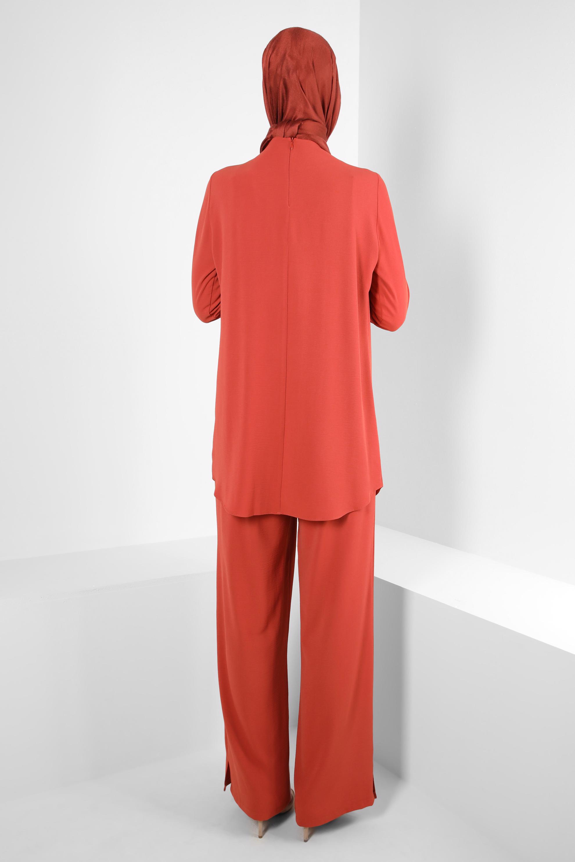 Tesettür giyim TURUNCU ZİNCİR DETAYLI BELİ LASTİKLİ PANTOLONLU TAKIM 43742