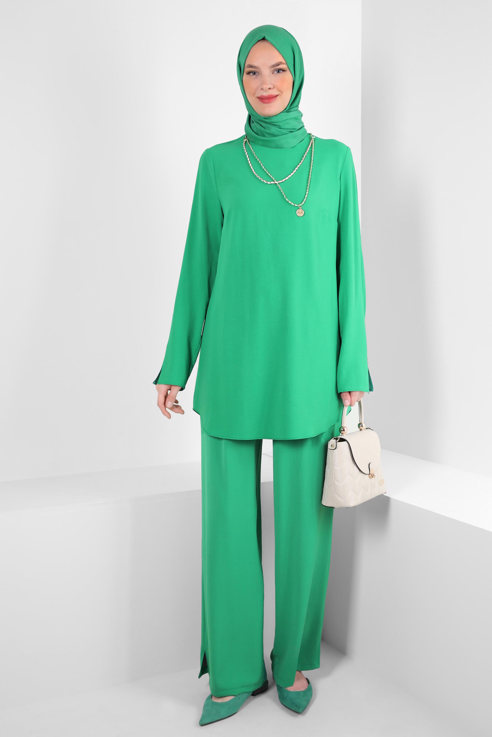 Tesettür giyim YEŞİL ZİNCİR DETAYLI BELİ LASTİKLİ PANTOLONLU TAKIM 43742