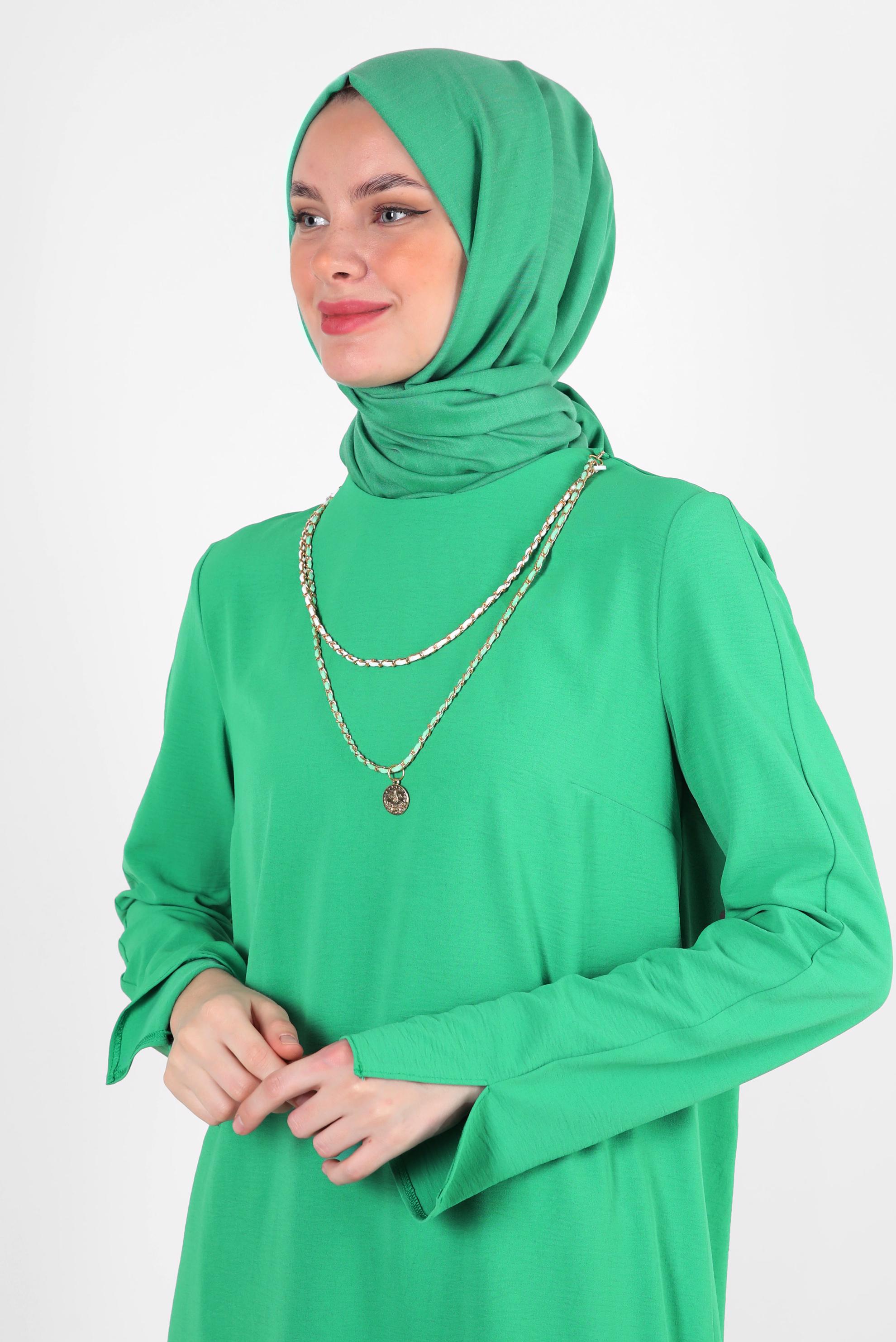 Tesettür giyim YEŞİL ZİNCİR DETAYLI BELİ LASTİKLİ PANTOLONLU TAKIM 43742