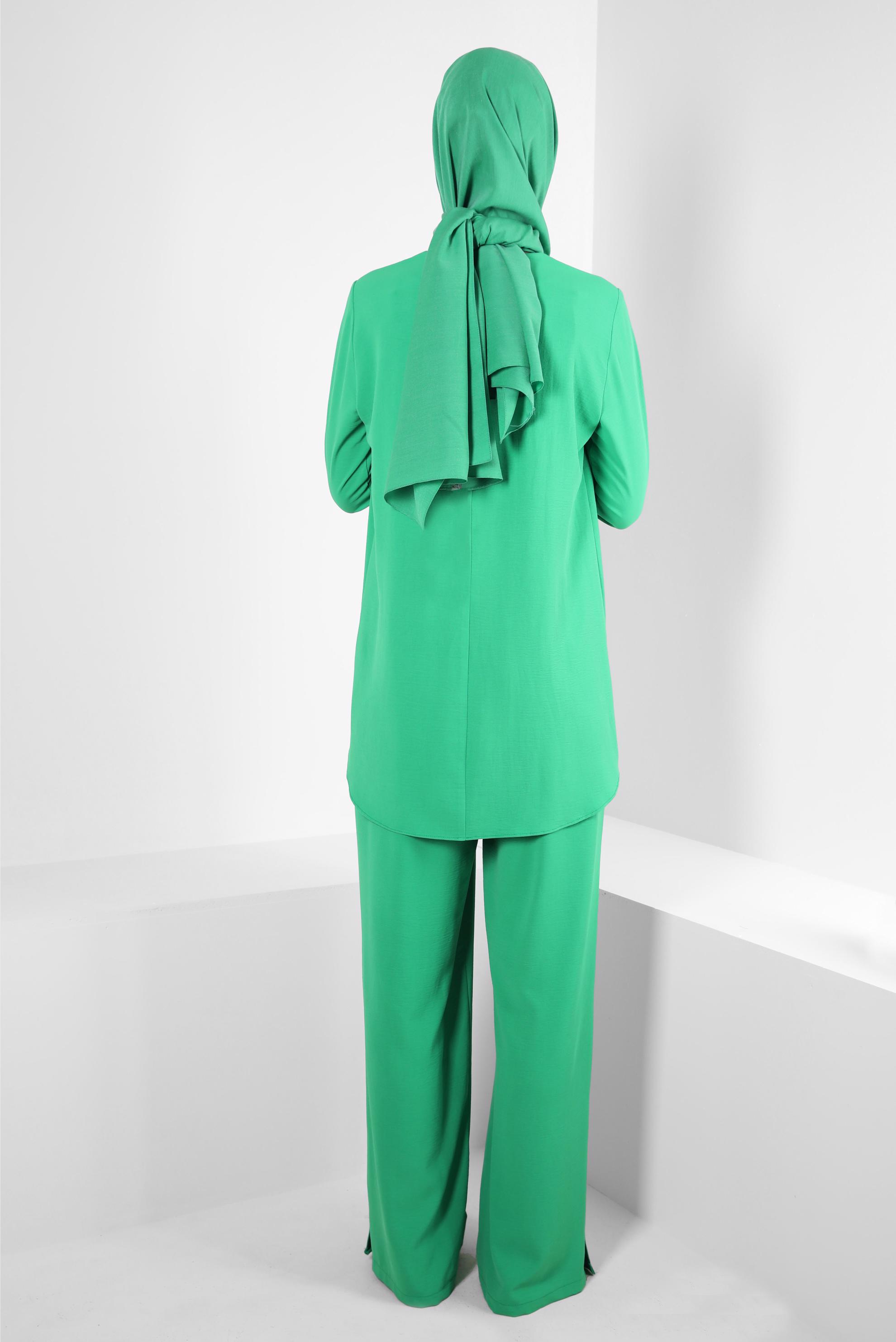 Tesettür giyim YEŞİL ZİNCİR DETAYLI BELİ LASTİKLİ PANTOLONLU TAKIM 43742