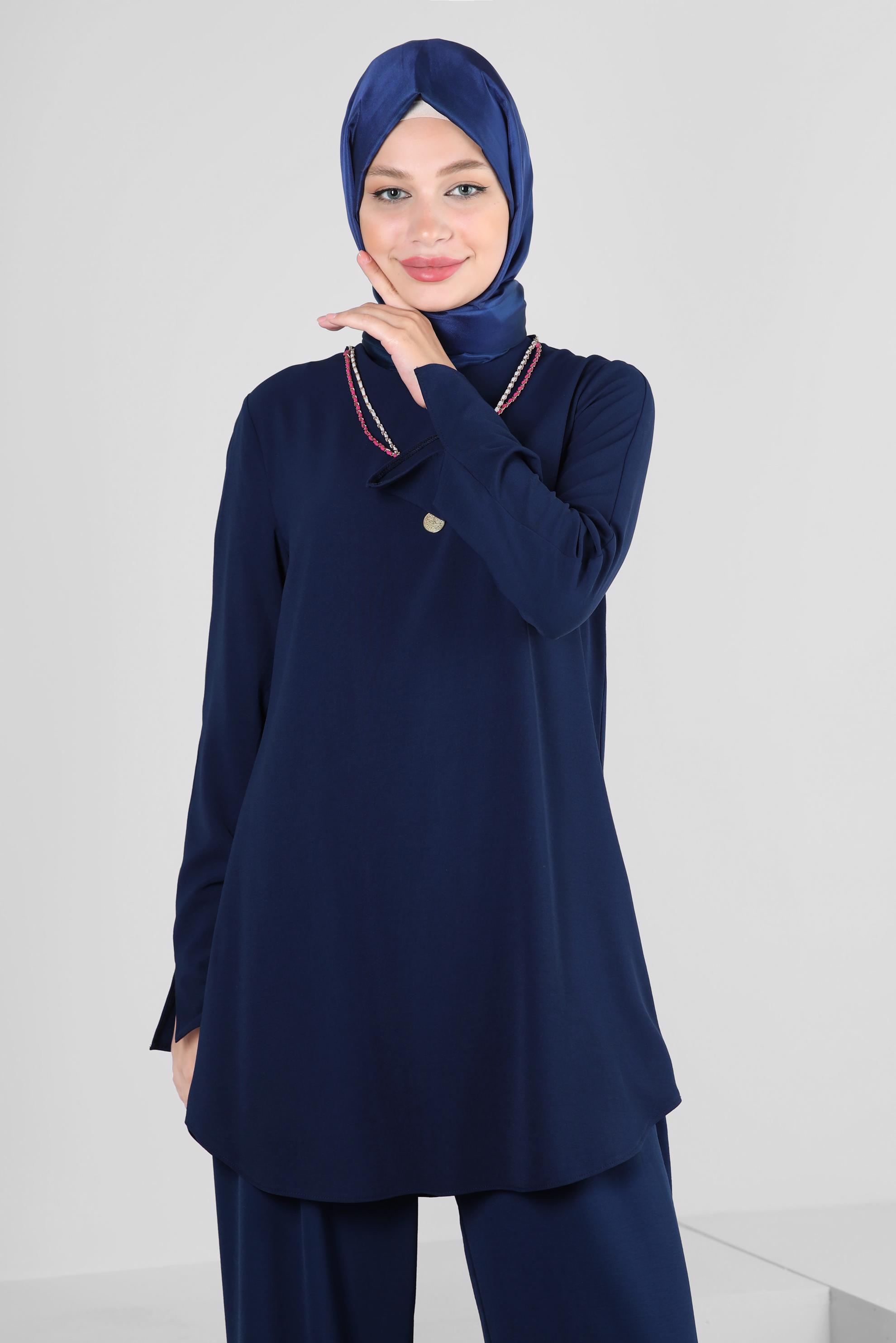 Tesettür giyim LACİVERT ZİNCİR DETAYLI BELİ LASTİKLİ PANTOLONLU TAKIM 43742