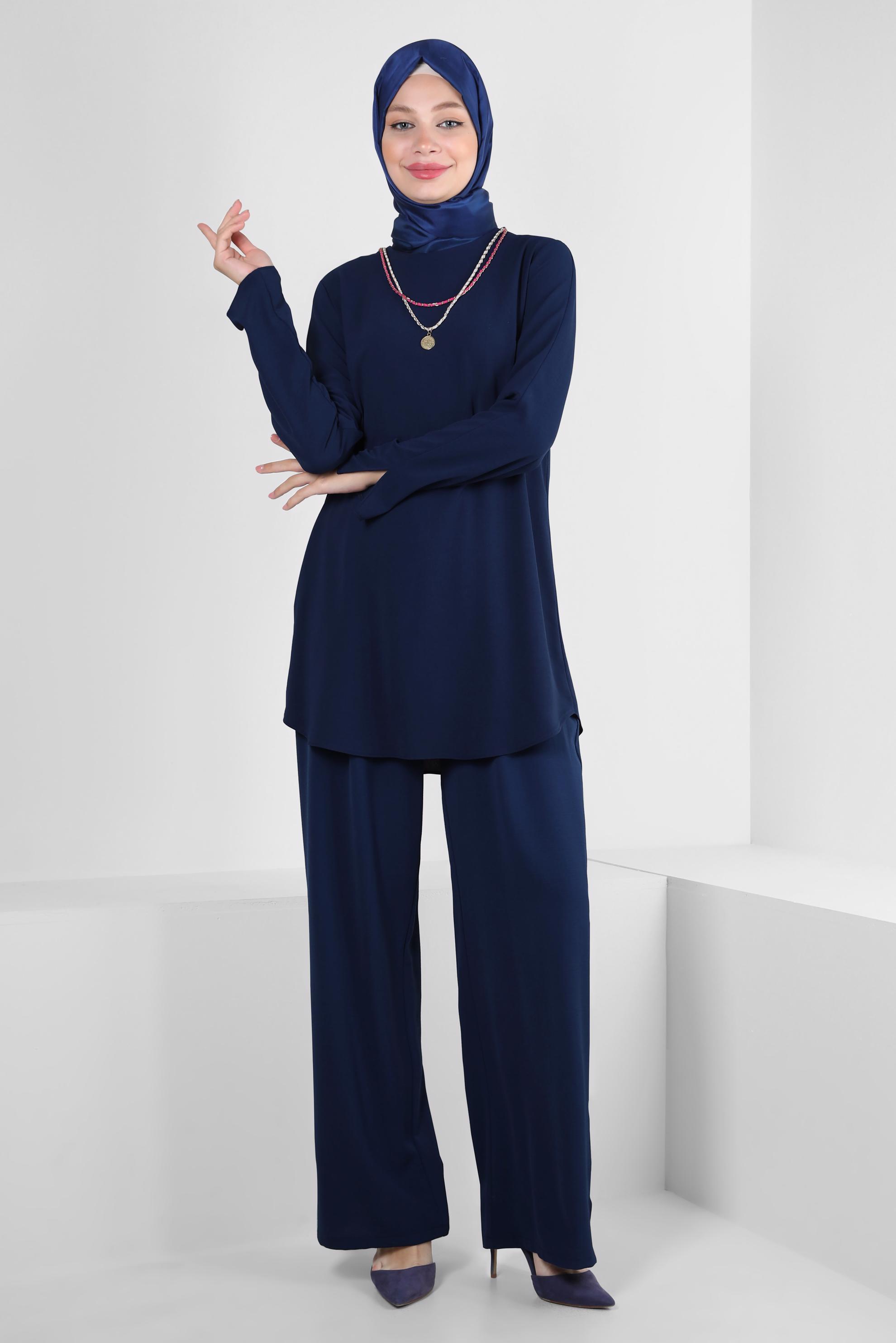 Tesettür giyim LACİVERT ZİNCİR DETAYLI BELİ LASTİKLİ PANTOLONLU TAKIM 43742
