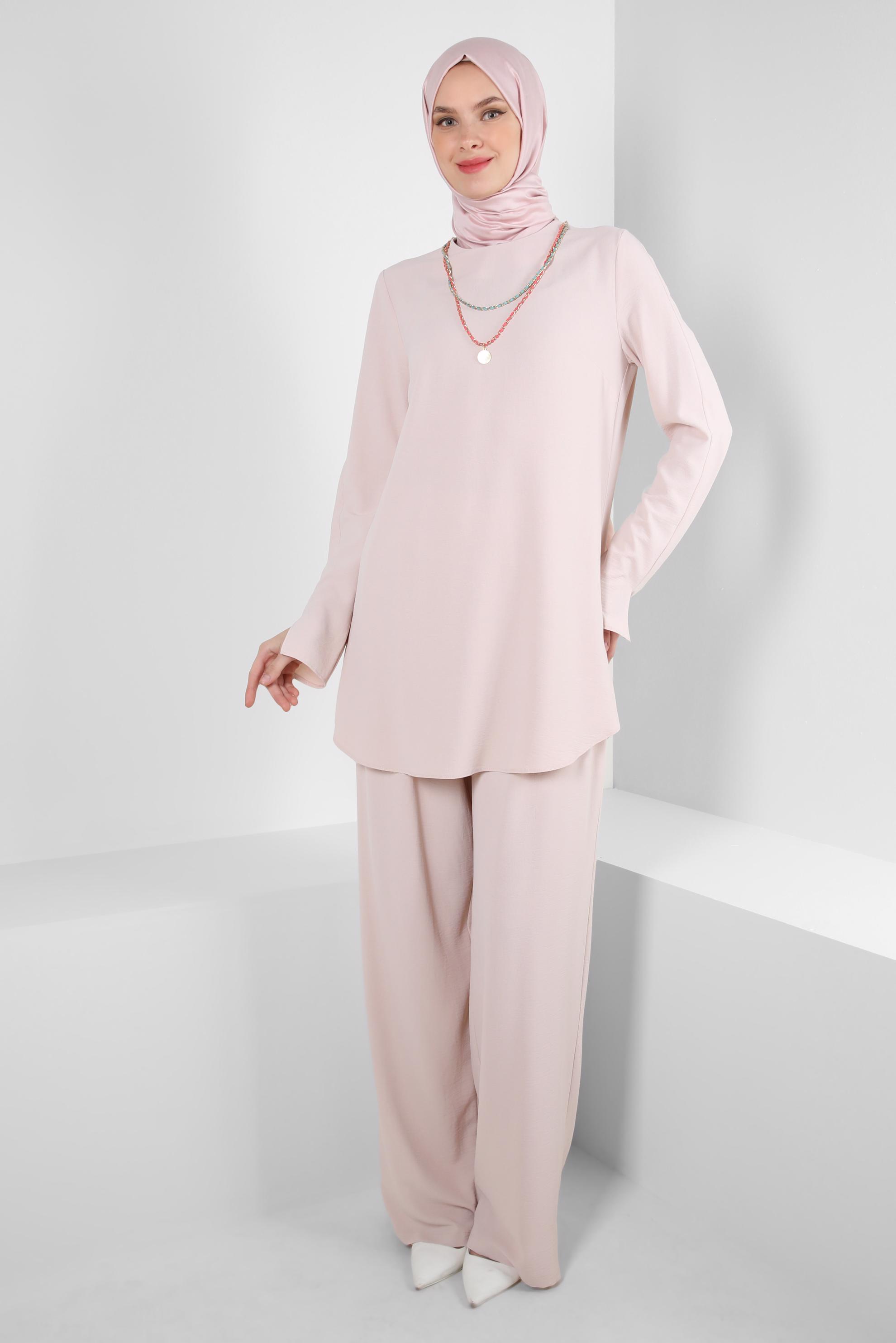 Tesettür giyim EKRU ZİNCİR DETAYLI BELİ LASTİKLİ PANTOLONLU TAKIM 43742