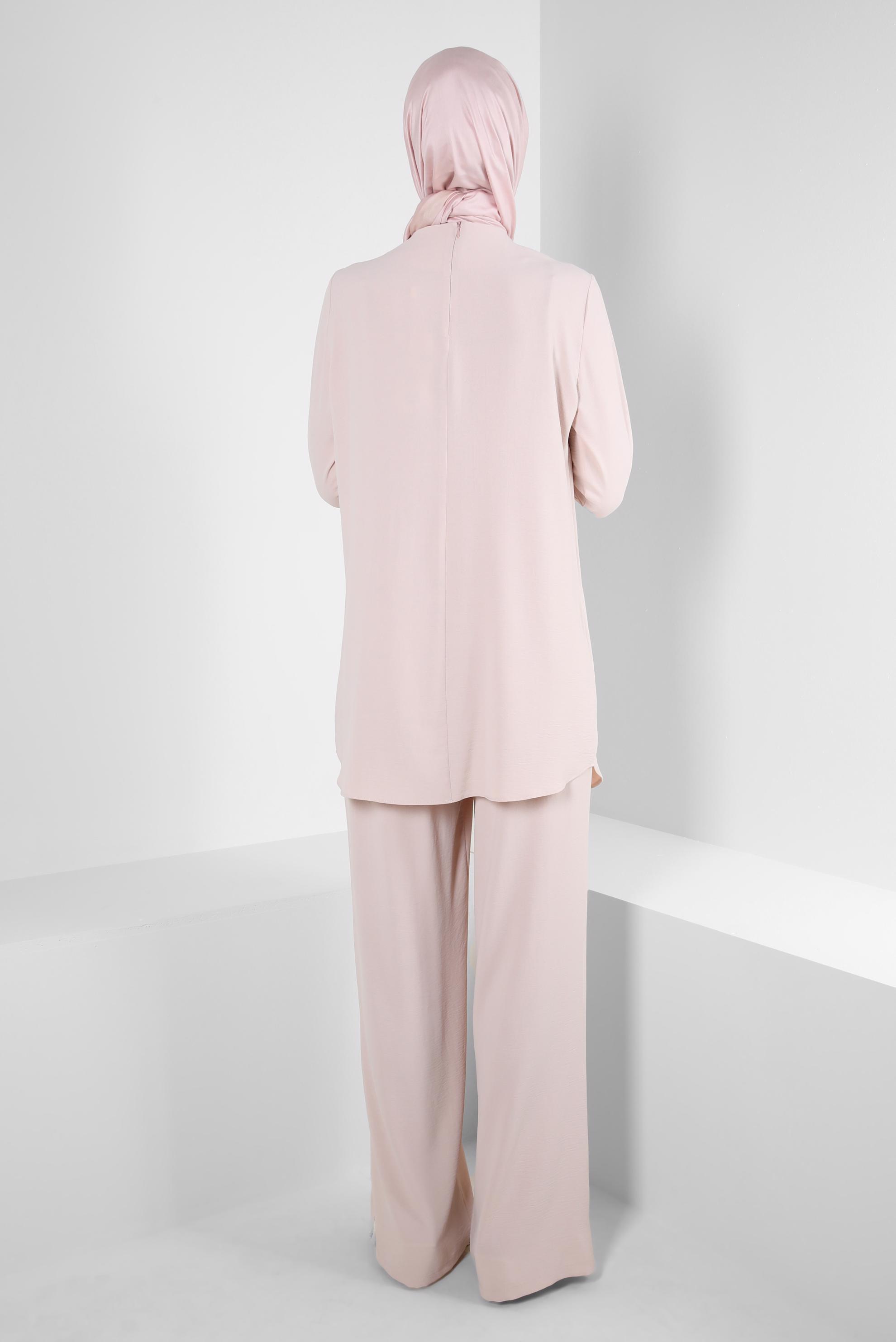 Tesettür giyim EKRU ZİNCİR DETAYLI BELİ LASTİKLİ PANTOLONLU TAKIM 43742