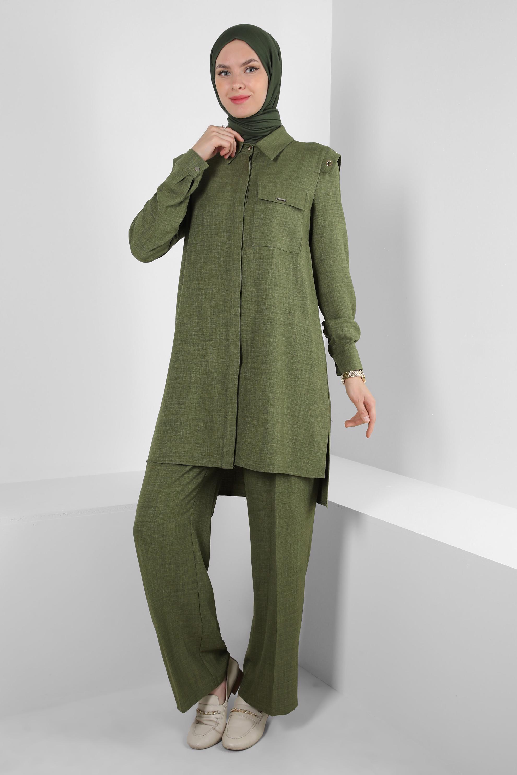 Tesettür giyim HAKİ KUŞGÖZÜ DETAYLI GENİŞ PAÇA PANTOLONLU TAKIM 43779