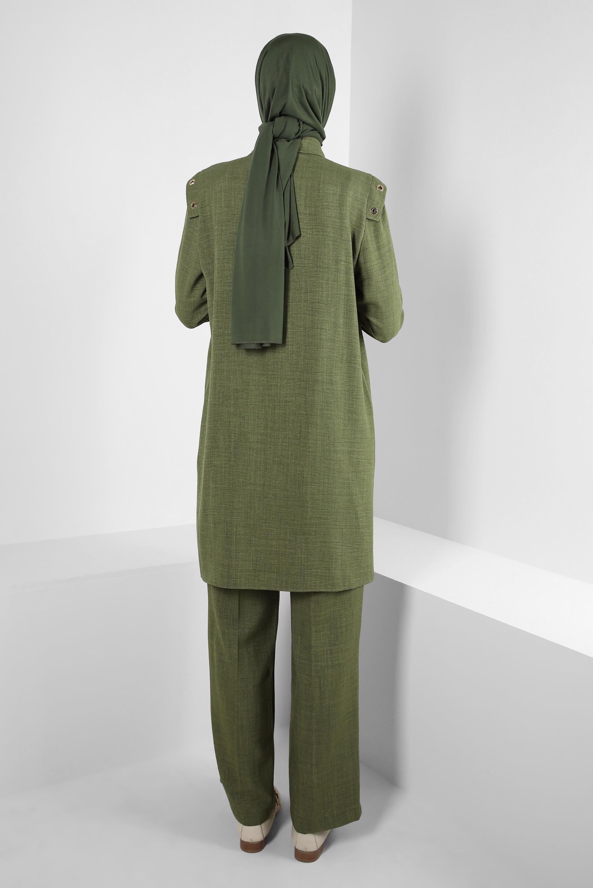 Tesettür giyim HAKİ KUŞGÖZÜ DETAYLI GENİŞ PAÇA PANTOLONLU TAKIM 43779