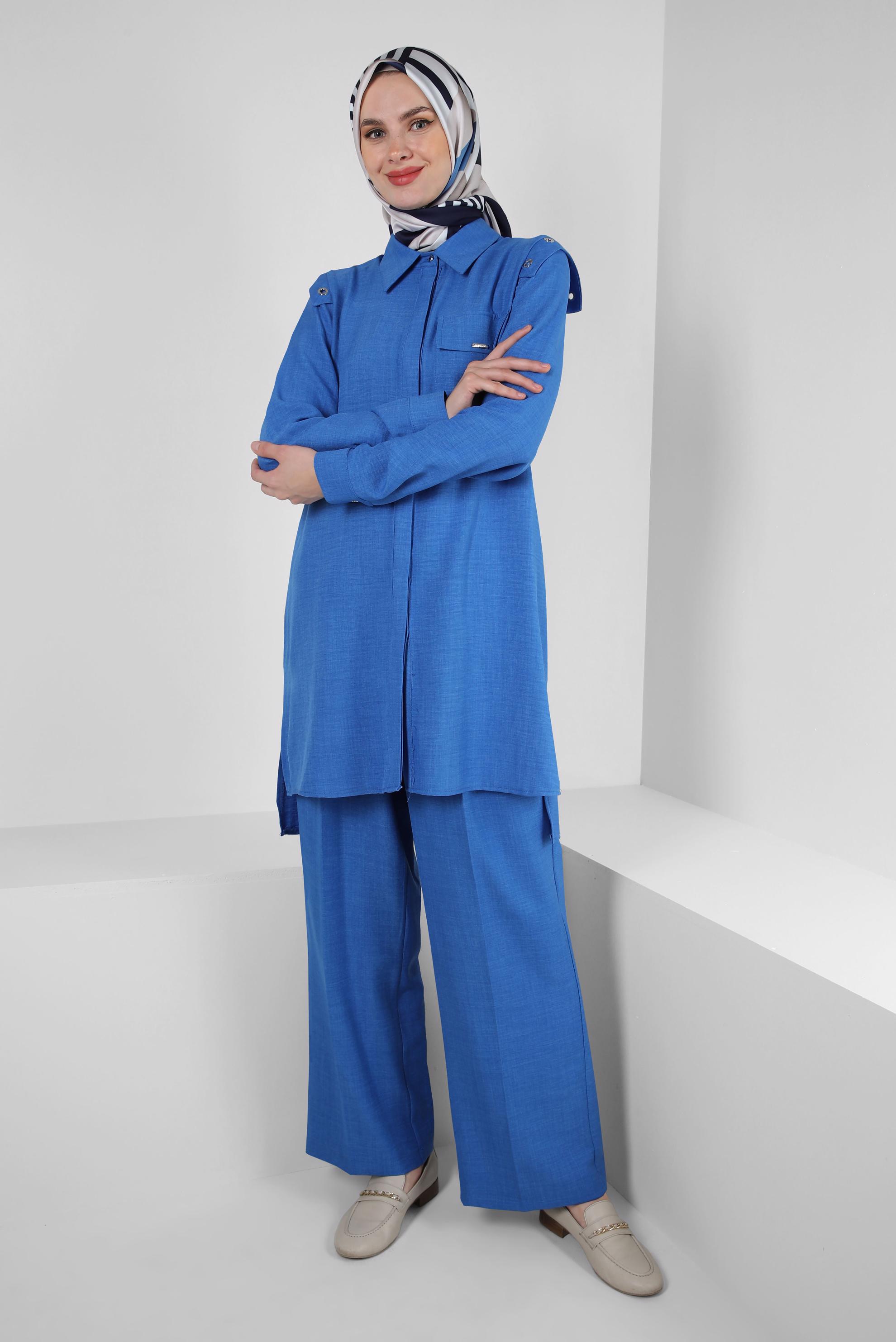 Tesettür giyim LACİVERT KUŞGÖZÜ DETAYLI GENİŞ PAÇA PANTOLONLU TAKIM 43779