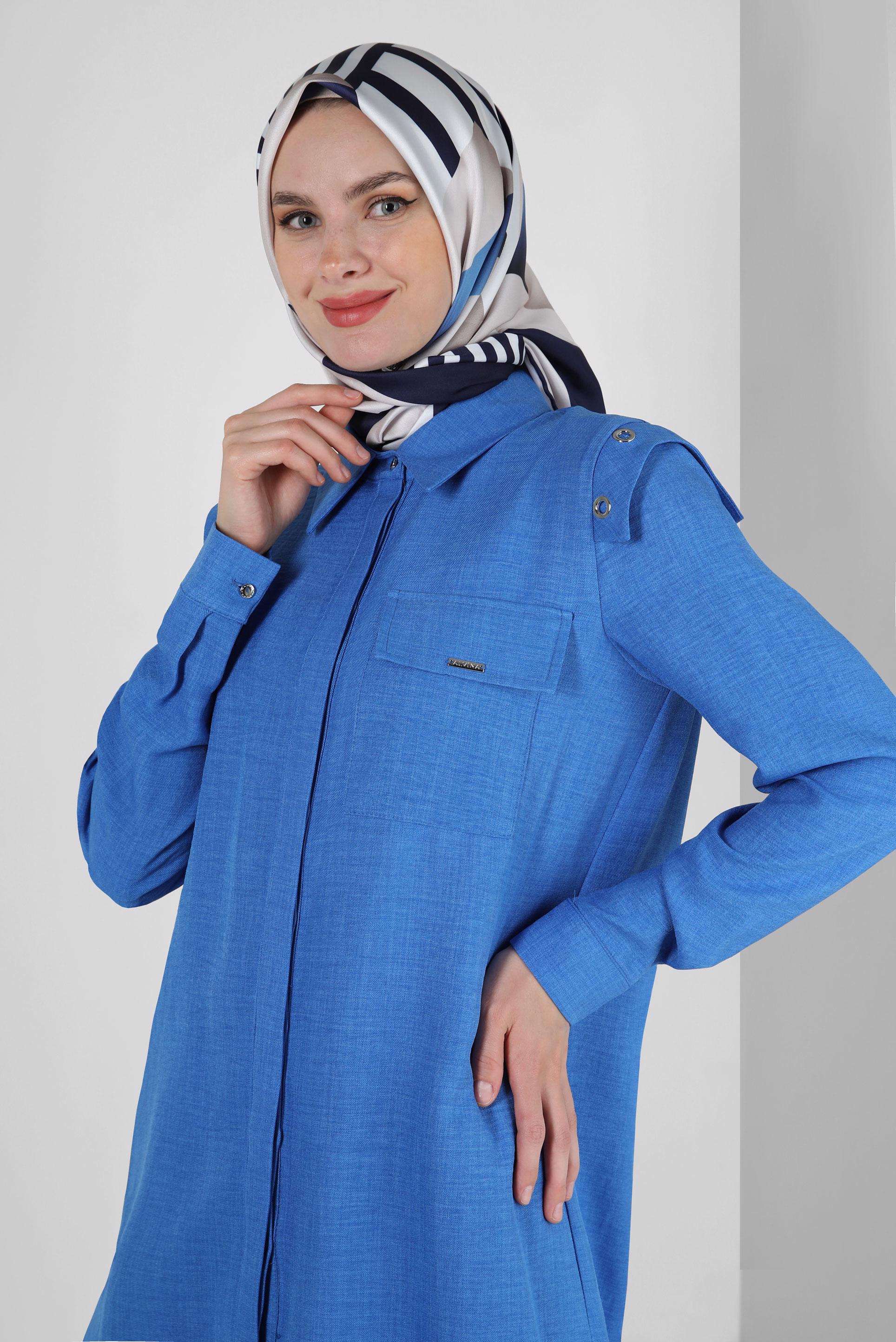 Tesettür giyim LACİVERT KUŞGÖZÜ DETAYLI GENİŞ PAÇA PANTOLONLU TAKIM 43779