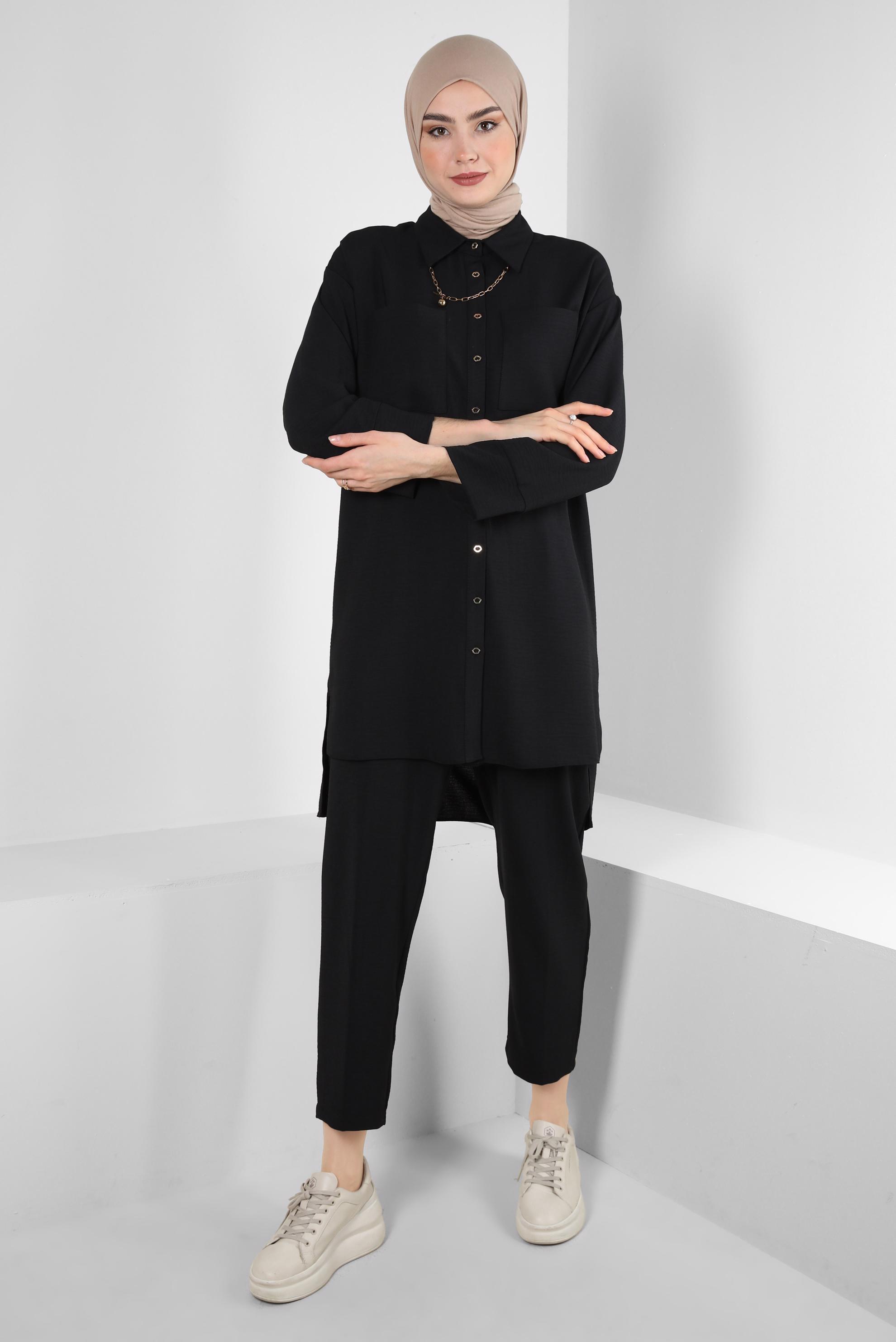 Tesettür giyim SİYAH GÖMLEK YAKA BELİ LASTİKLİ İKİLİ PANTOLONLU TAKIM 43820