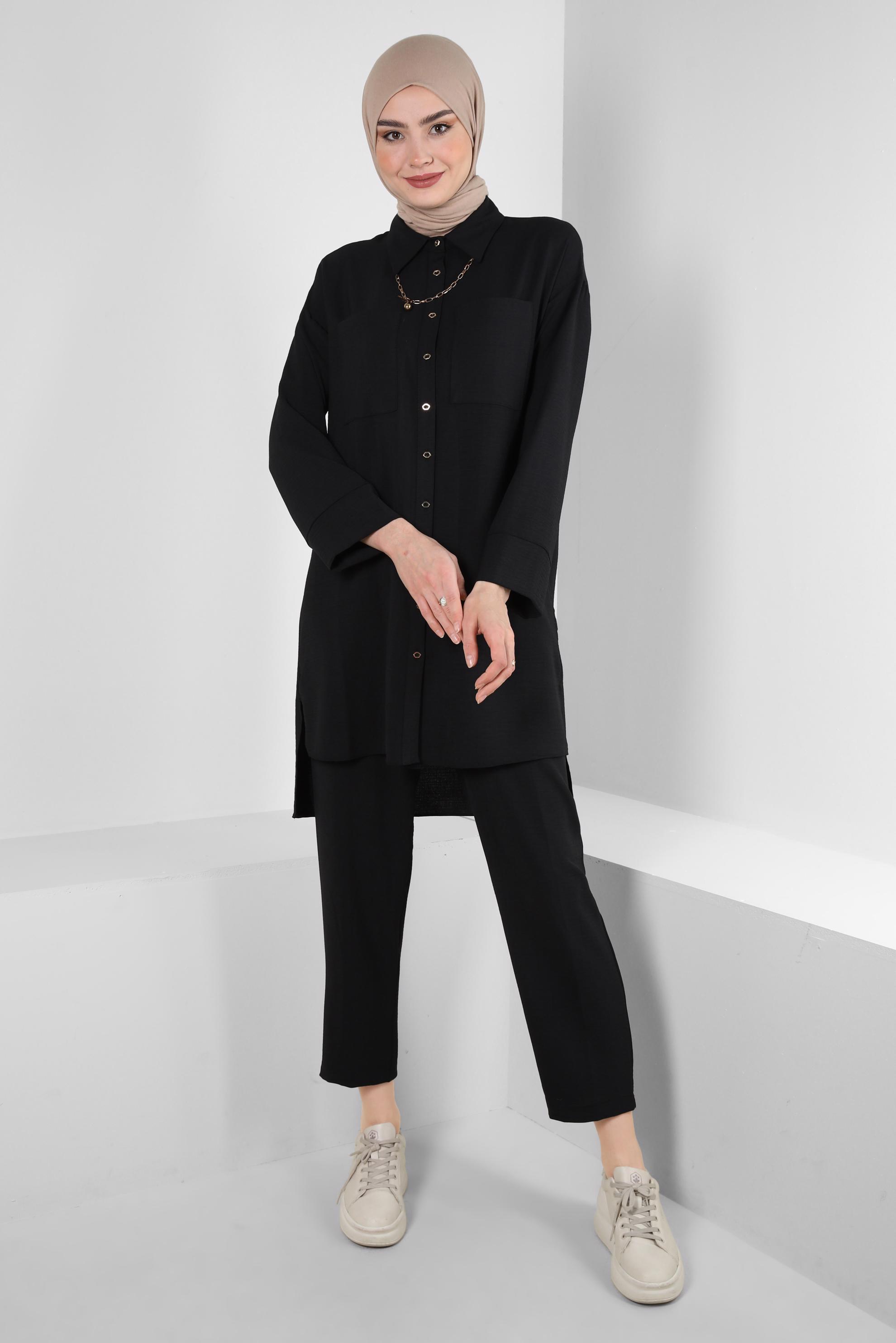 Tesettür giyim SİYAH GÖMLEK YAKA BELİ LASTİKLİ İKİLİ PANTOLONLU TAKIM 43820