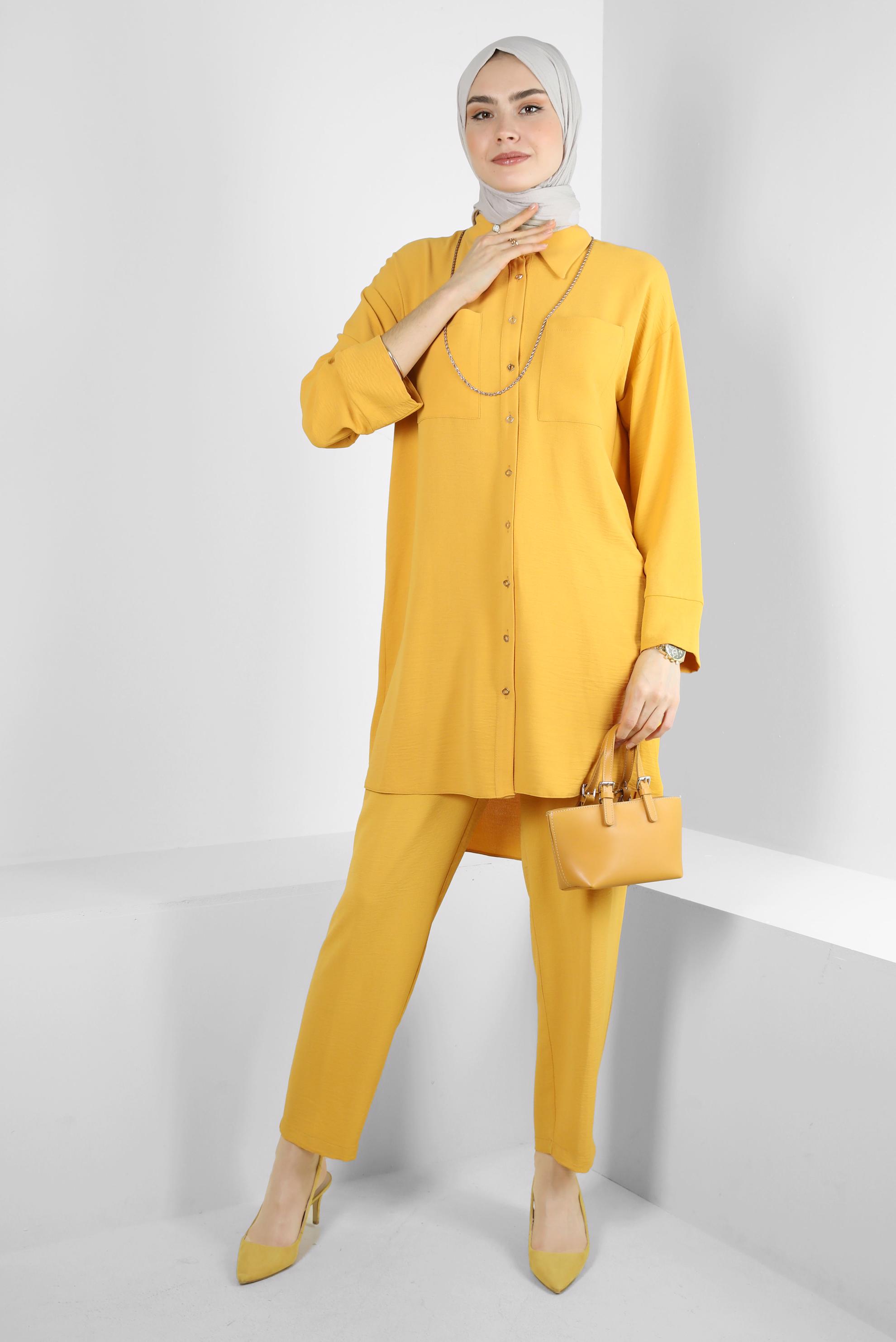 Tesettür giyim SARI GÖMLEK YAKA BELİ LASTİKLİ İKİLİ PANTOLONLU TAKIM 43820