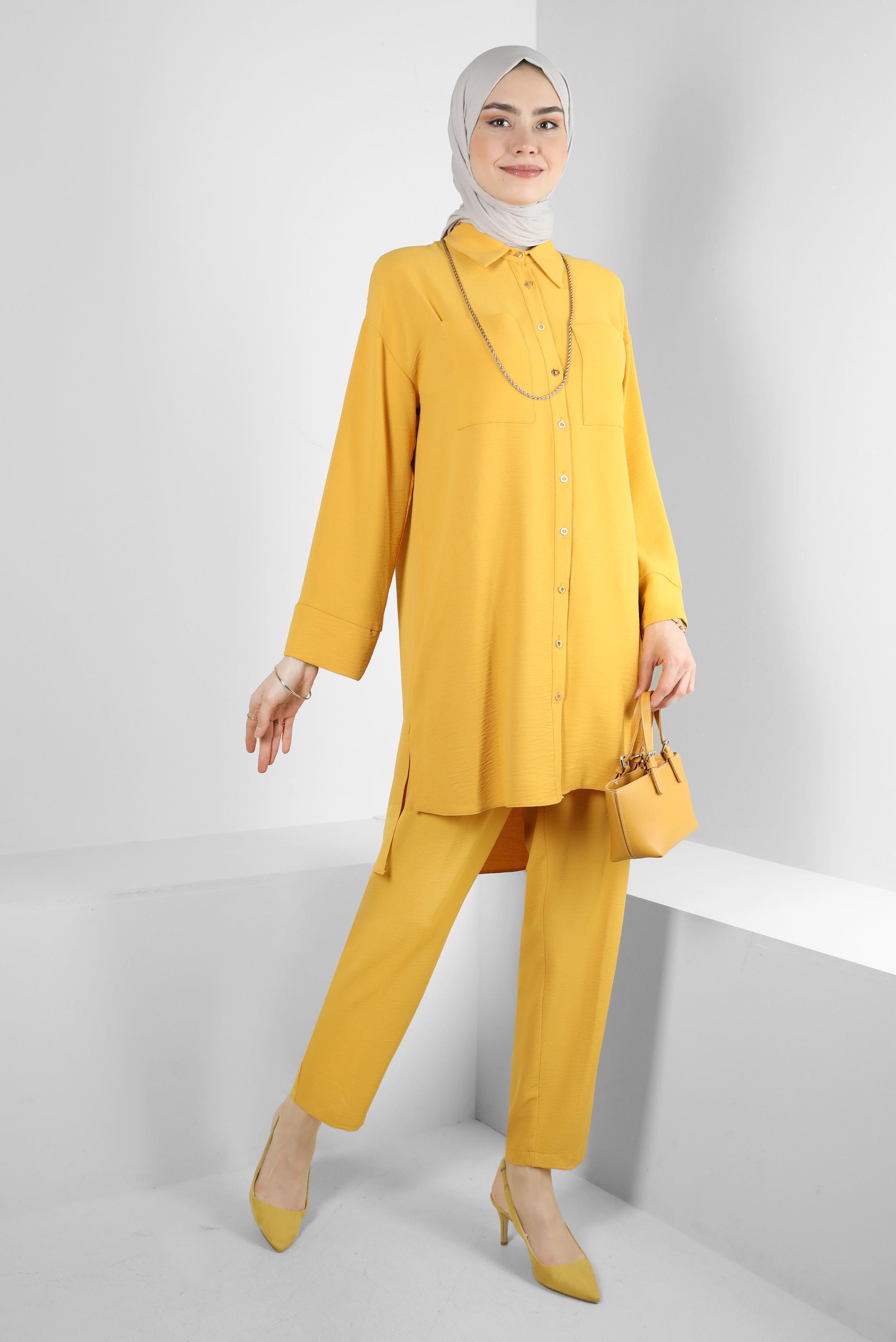 Tesettür giyim SARI GÖMLEK YAKA BELİ LASTİKLİ İKİLİ PANTOLONLU TAKIM 43820