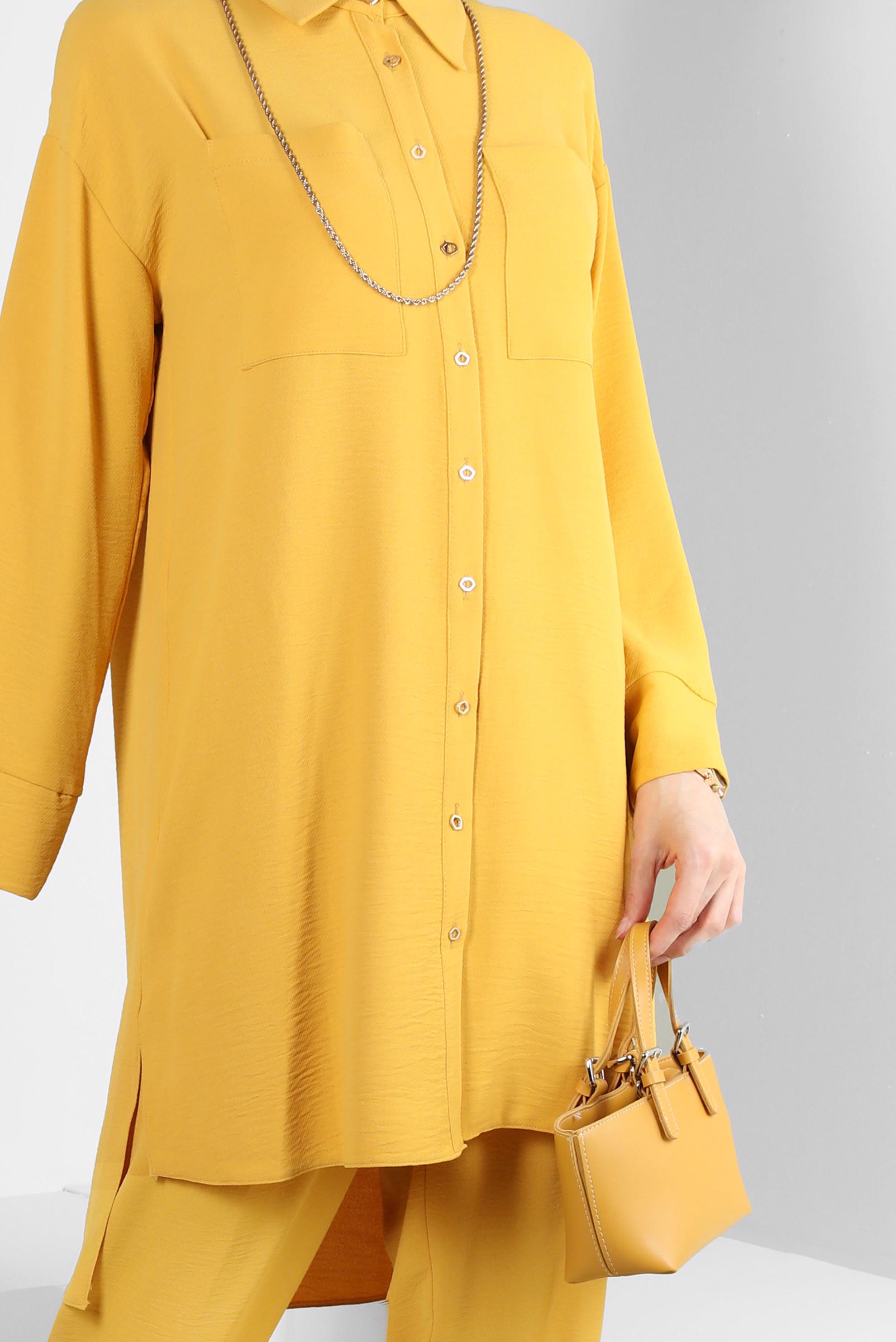 Tesettür giyim SARI GÖMLEK YAKA BELİ LASTİKLİ İKİLİ PANTOLONLU TAKIM 43820