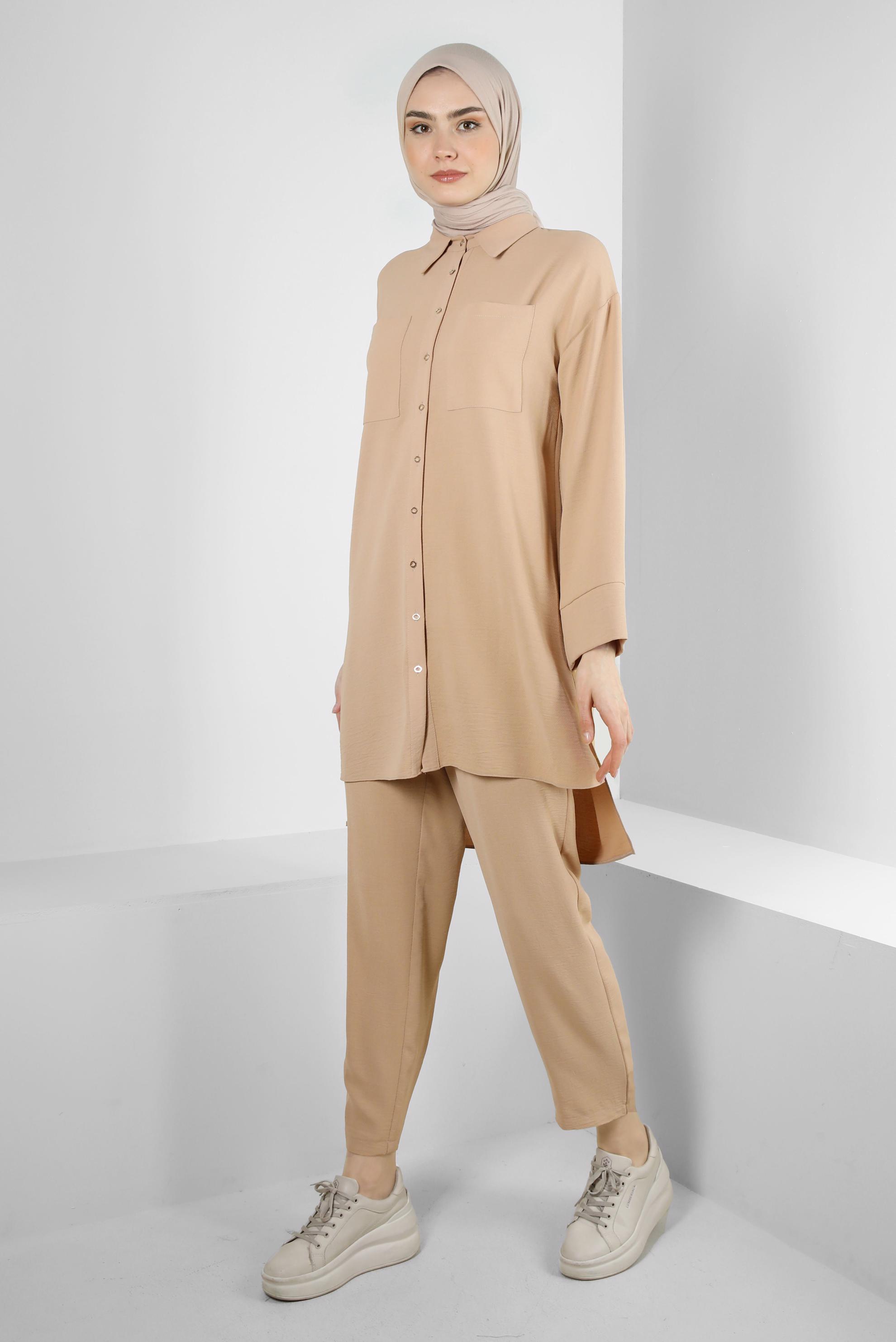 Tesettür giyim KAHVE GÖMLEK YAKA BELİ LASTİKLİ İKİLİ PANTOLONLU TAKIM 43820