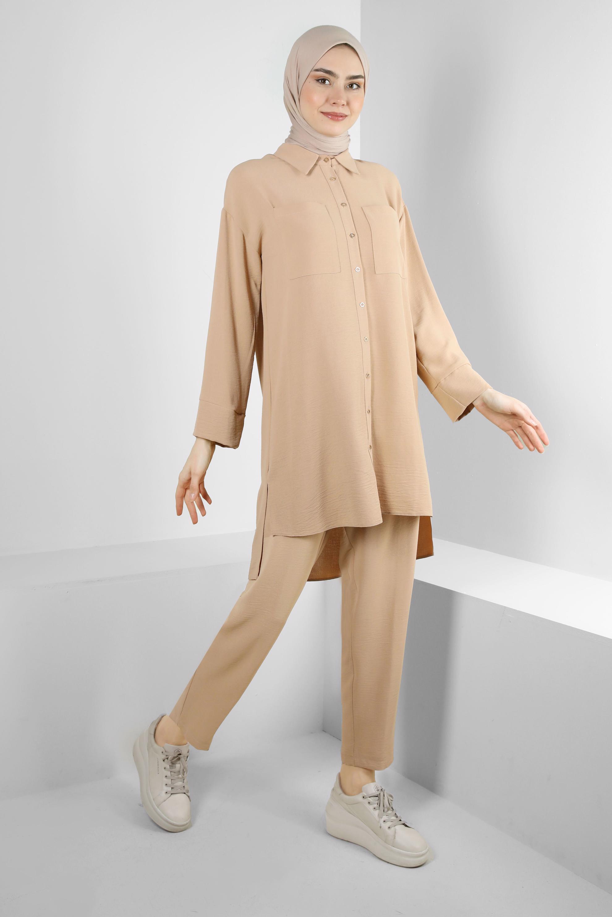 Tesettür giyim KAHVE GÖMLEK YAKA BELİ LASTİKLİ İKİLİ PANTOLONLU TAKIM 43820