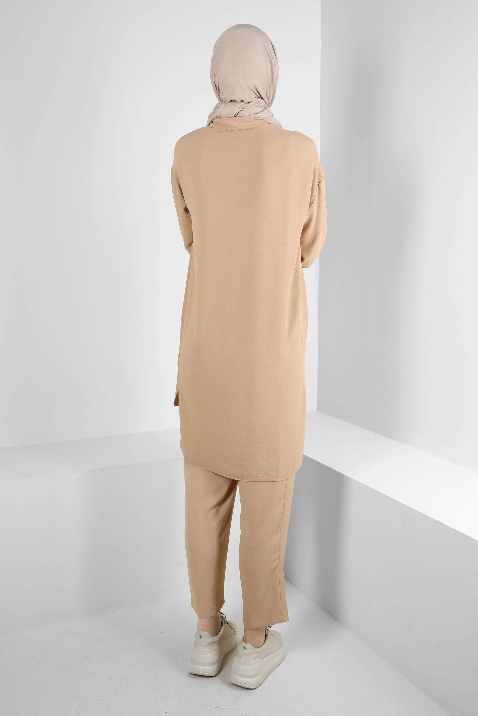 Tesettür giyim KAHVE GÖMLEK YAKA BELİ LASTİKLİ İKİLİ PANTOLONLU TAKIM 43820