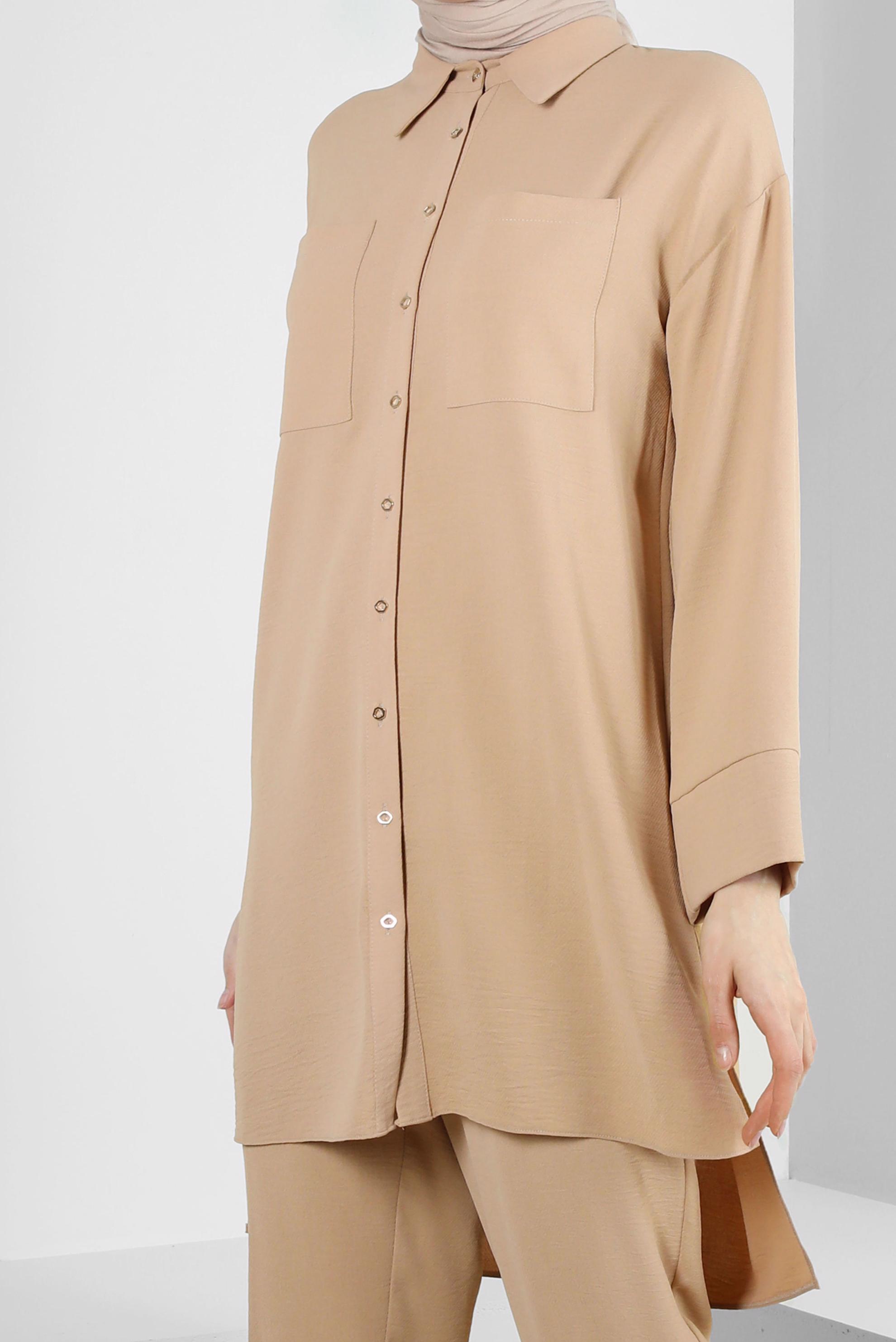 Tesettür giyim KAHVE GÖMLEK YAKA BELİ LASTİKLİ İKİLİ PANTOLONLU TAKIM 43820