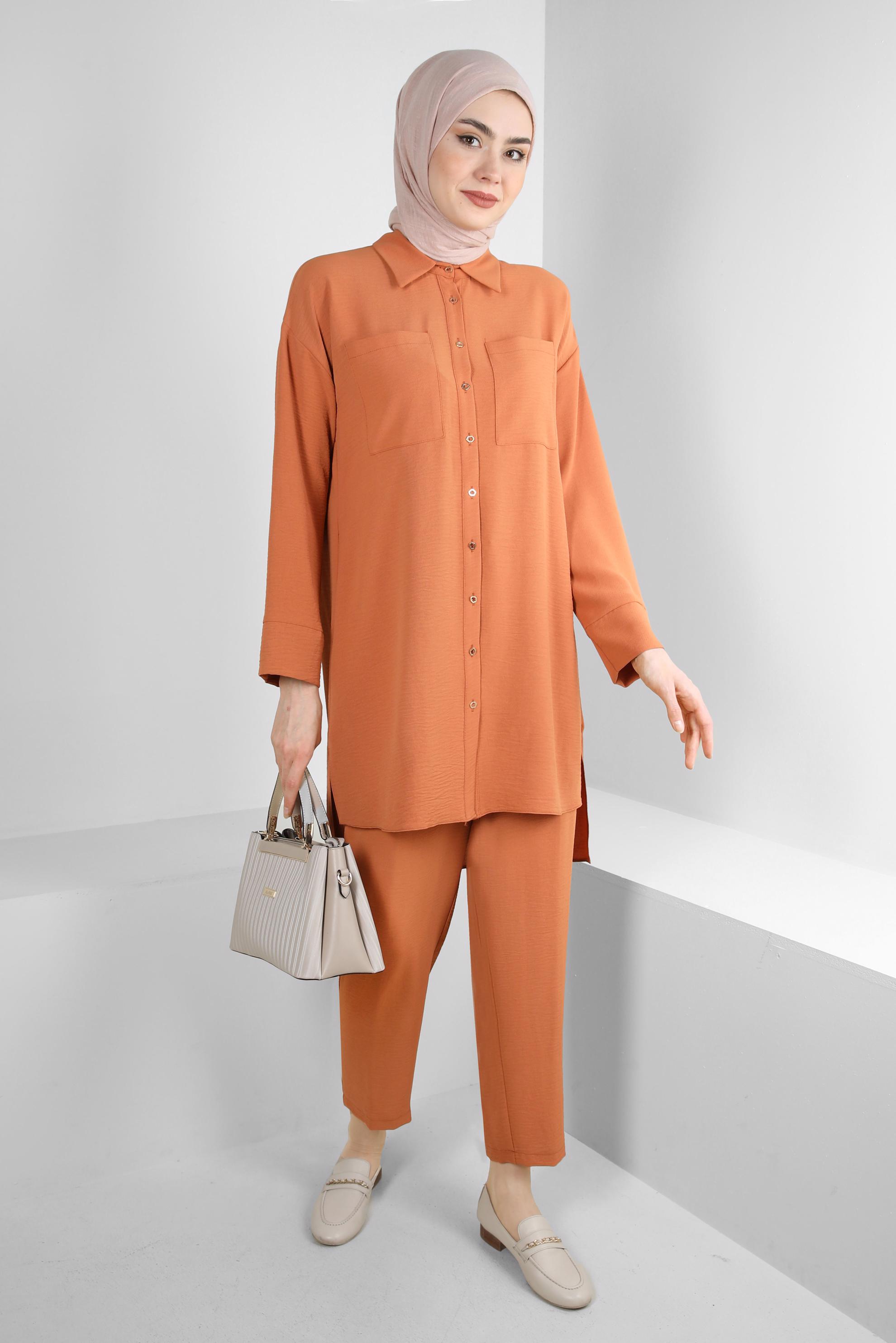 Tesettür giyim TABA GÖMLEK YAKA BELİ LASTİKLİ İKİLİ PANTOLONLU TAKIM 43820
